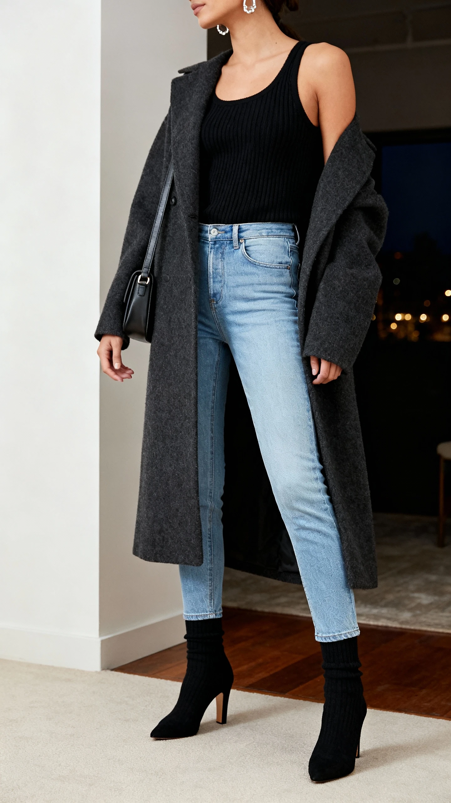 iPhone hallway mirror selfie of a woman in a black knit tank, ankle-grazing light blue slim jeans, charcoal longline wool coat, heeled sock boots, structured crossbody, subtle statement earrings, face not visible, side angle, evening indoor lighting, natural iPhone photo quality.