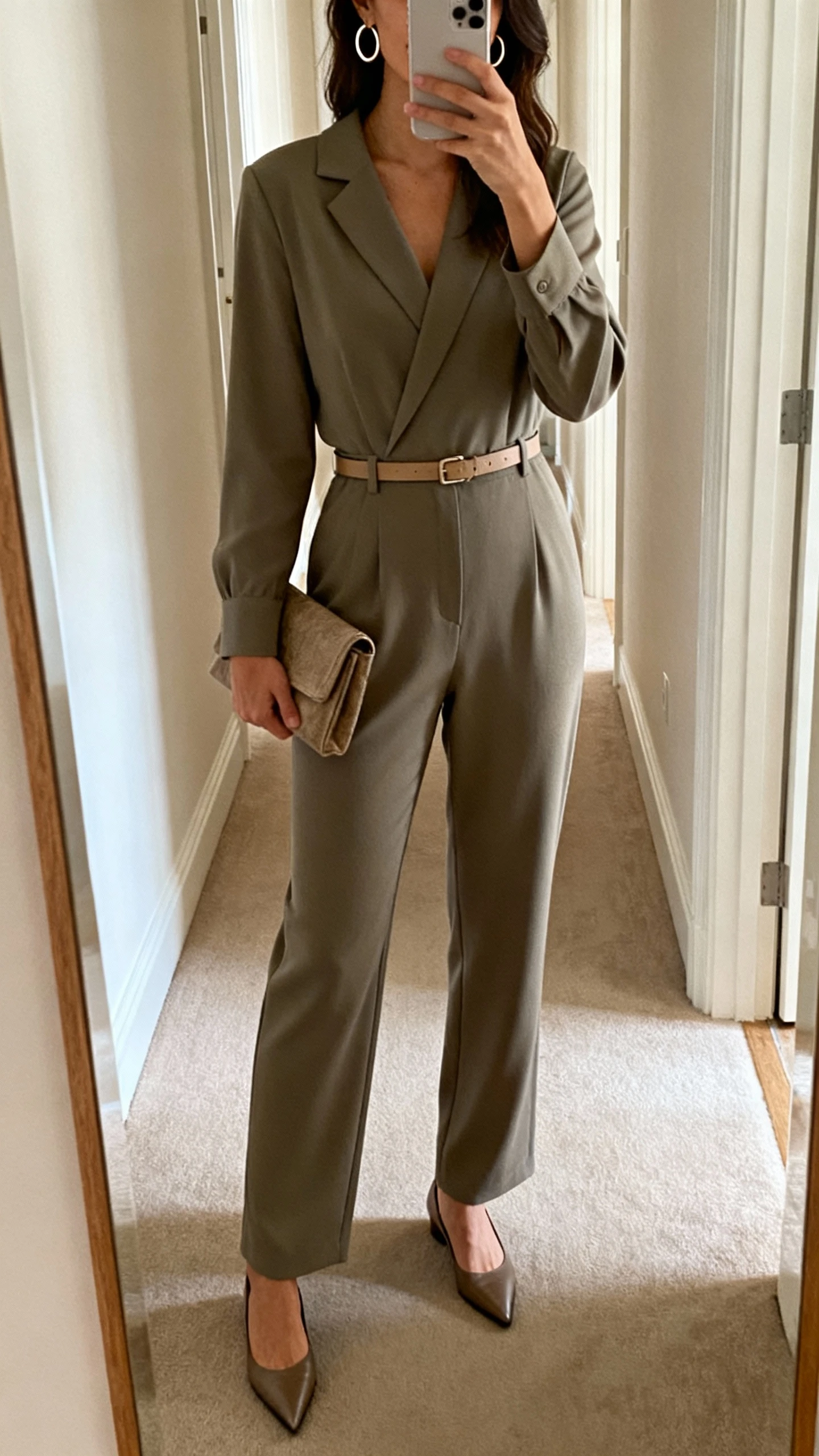 iPhone hallway mirror selfie of a woman in a tailored jumpsuit with gentle structure, slim belt, pointed-toe flats, subtle hoop earrings, clutch, face not visible, natural morning light, casual iPhone photo.