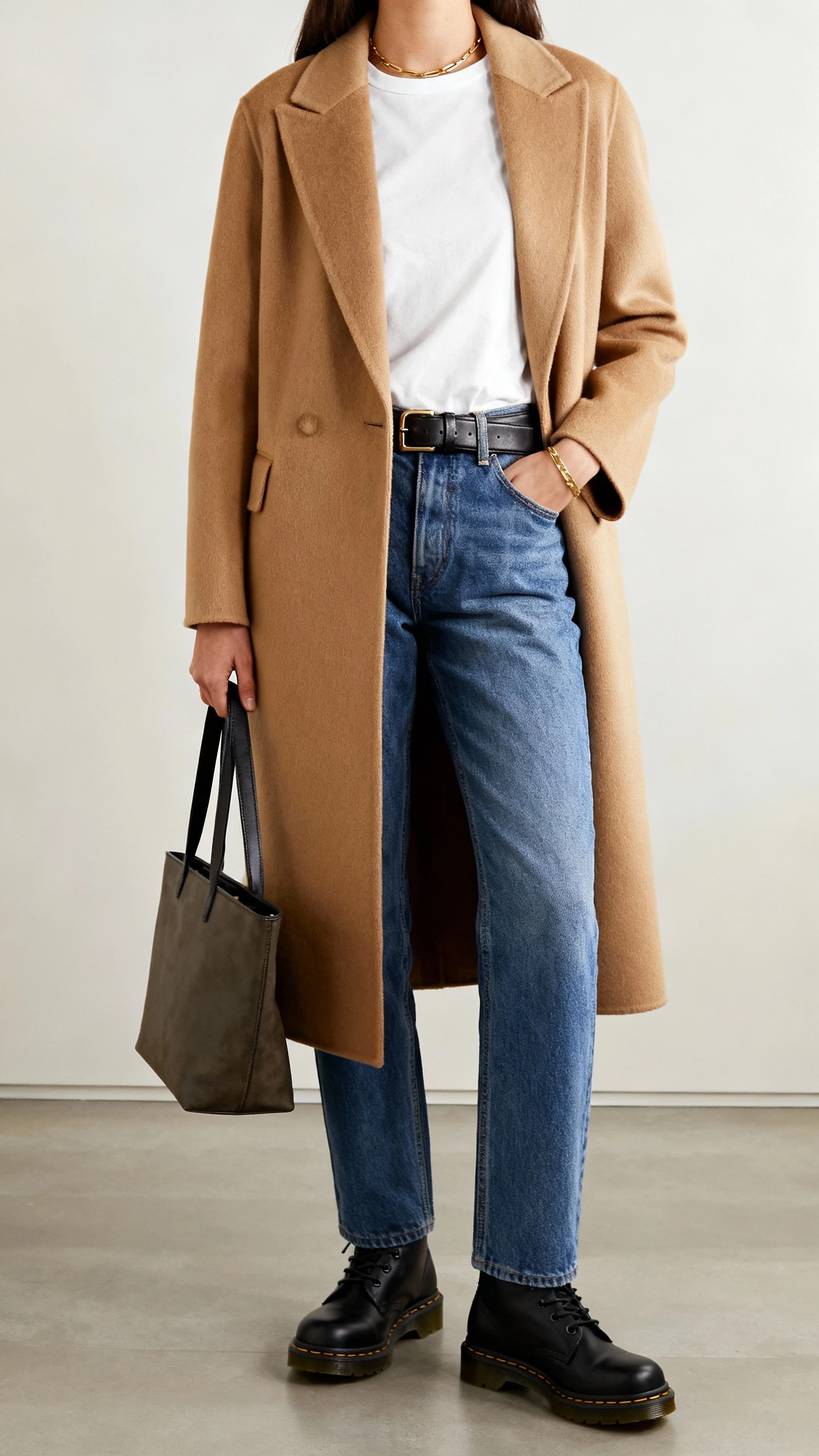 iPhone hallway mirror selfie of a woman wearing a tailored camel coat over a white tee, straight-leg blue jeans, black Doc Martens, leather belt, structured tote, and minimal gold jewelry, face not visible, cropped at shoulders, natural indoor light, casual iPhone aesthetic.