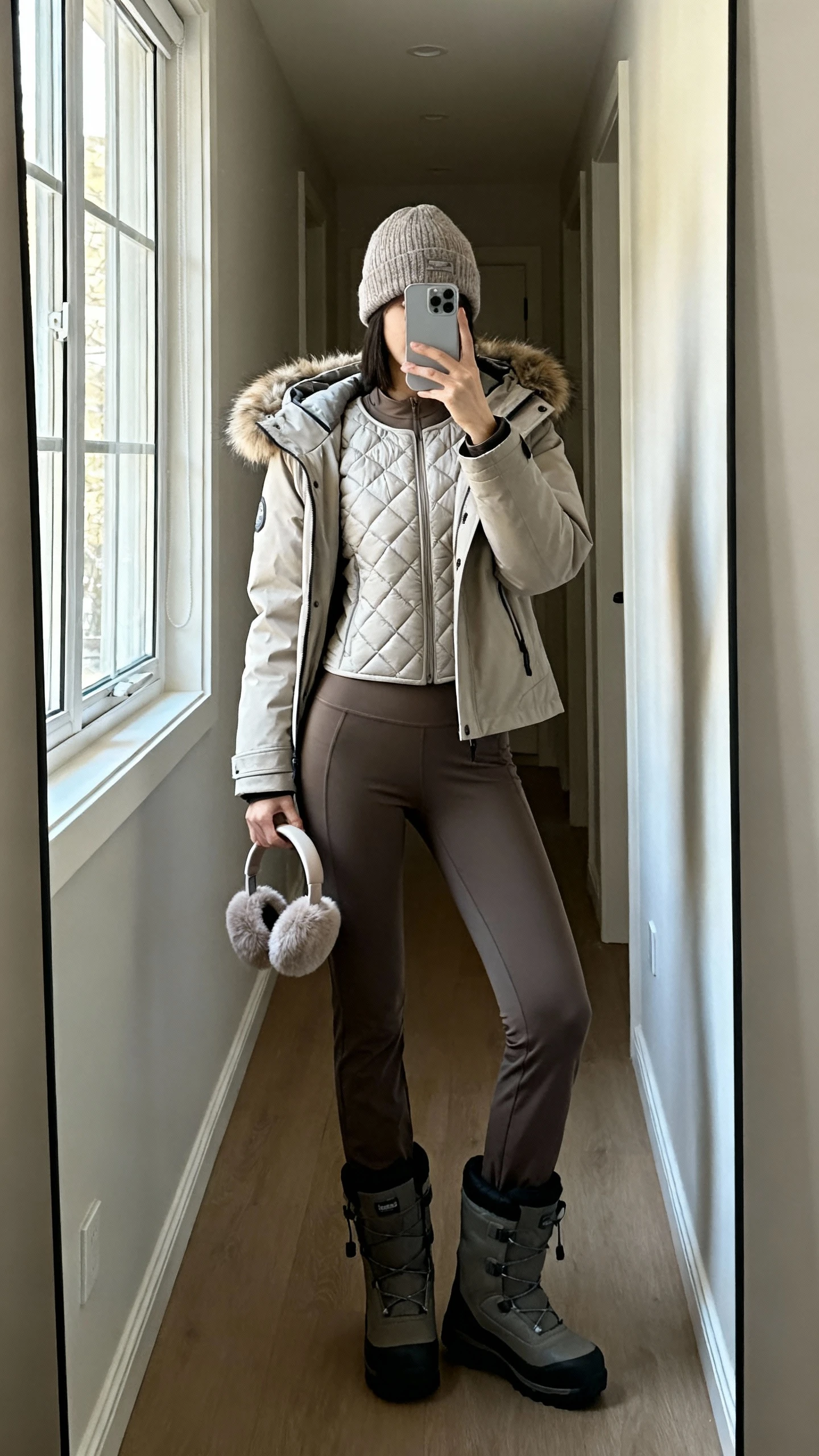 iPhone hallway mirror selfie of a woman wearing a lightweight collarless quilted liner jacket under a hooded insulated parka with faux-fur trim, slim thermal base layer top, high-rise straight pants, waterproof insulated boots, a wool beanie and earmuffs in hand; face not visible, morning window light, natural iPhone photo quality.