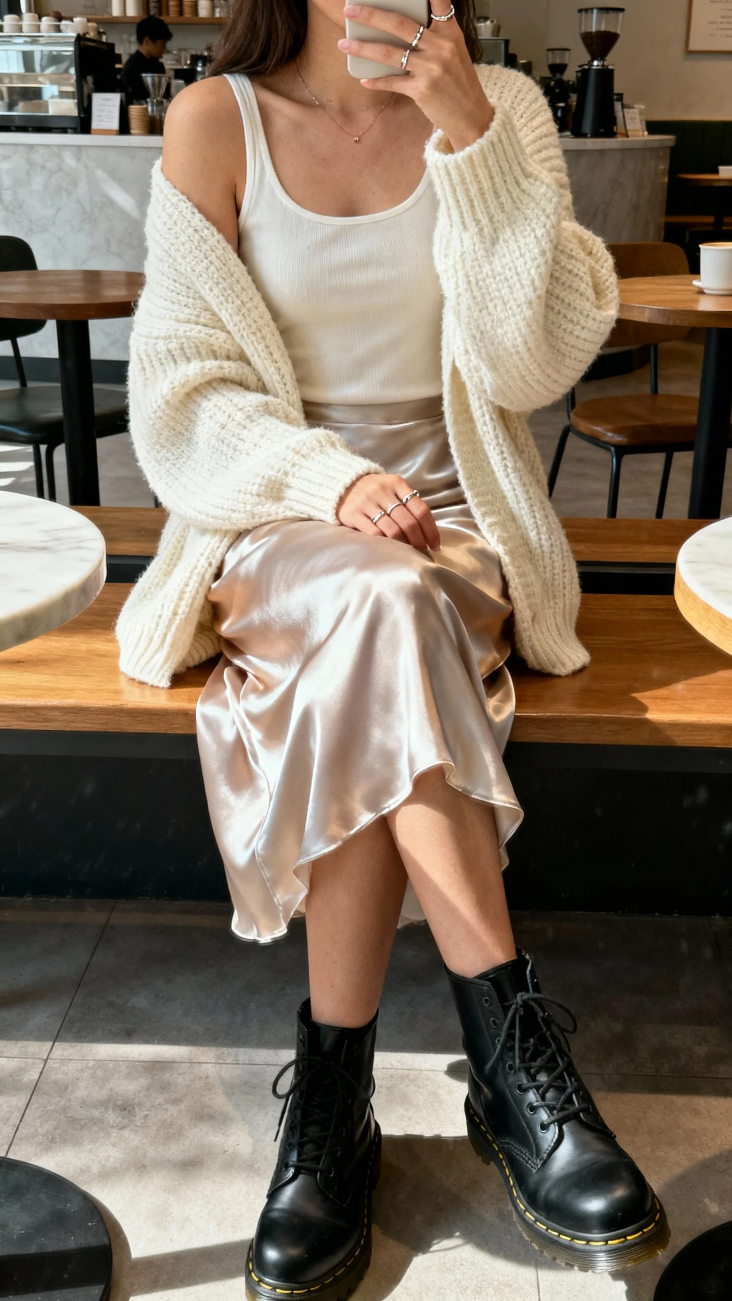 iPhone lap-down selfie sitting on a café bench showing a woman wearing a satin slip skirt, oversized chunky cardigan in cream, fitted tank underneath, black Doc Martens, delicate rings, face not visible, cozy coffee shop setting, natural morning light, iPhone photo quality.