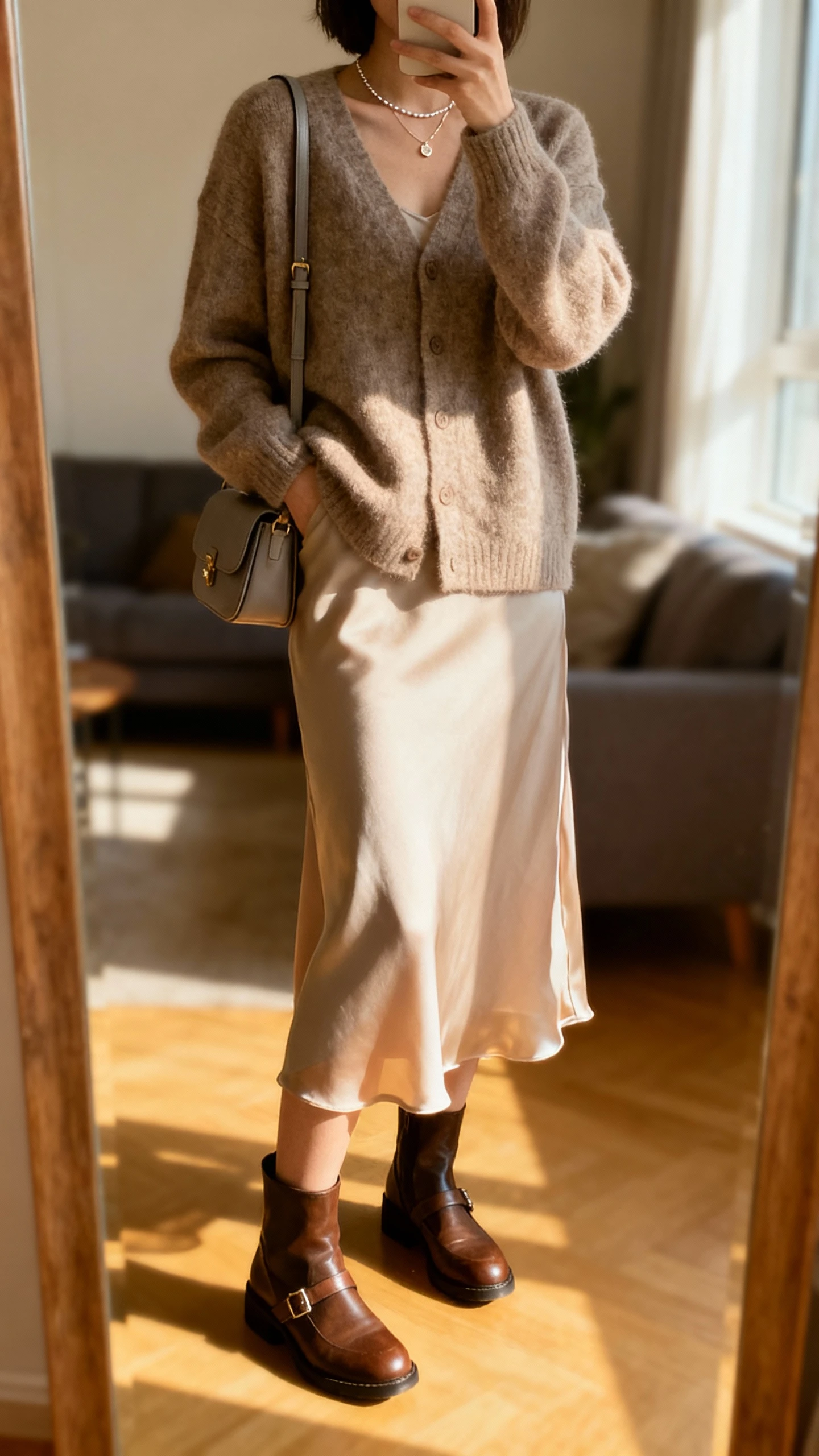 iPhone living room mirror selfie of a woman wearing a cozy cardigan over a slip skirt with Mary Janes (or boots), dainty necklace, small shoulder bag, face not visible, afternoon window light, natural iPhone photo quality.