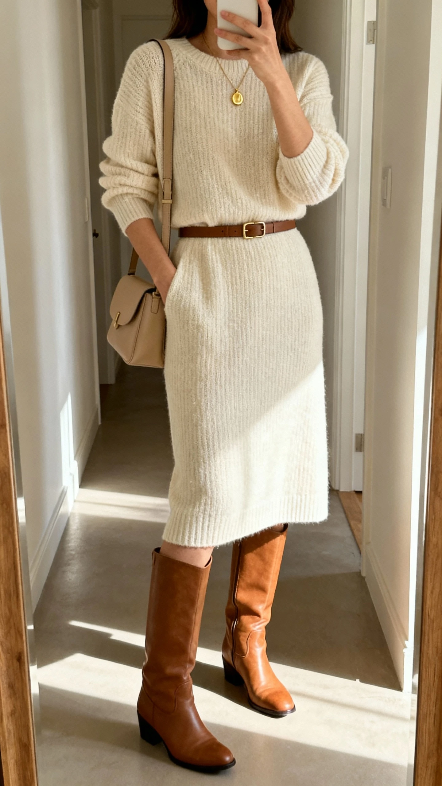 iPhone mirror selfie of a woman in a creamy knit midi dress, tan knee-high leather boots, slim belt, delicate gold pendant, beige shoulder bag, face not visible, cropped at shoulders, hallway mirror with soft morning light, natural iPhone photo quality.