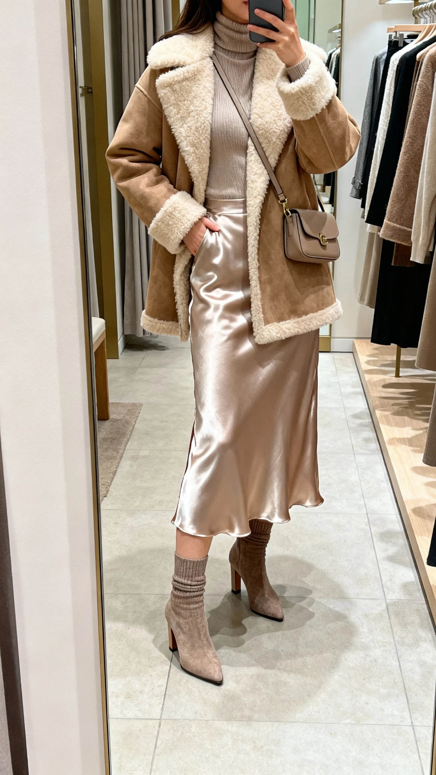 iPhone mirror selfie of a woman in a satin midi slip skirt with a fitted turtleneck and a shearling-lined coat, heeled sock boots, small crossbody, face not visible, cropped at shoulders, boutique dressing-room mirror, soft indoor lighting, natural iPhone quality.