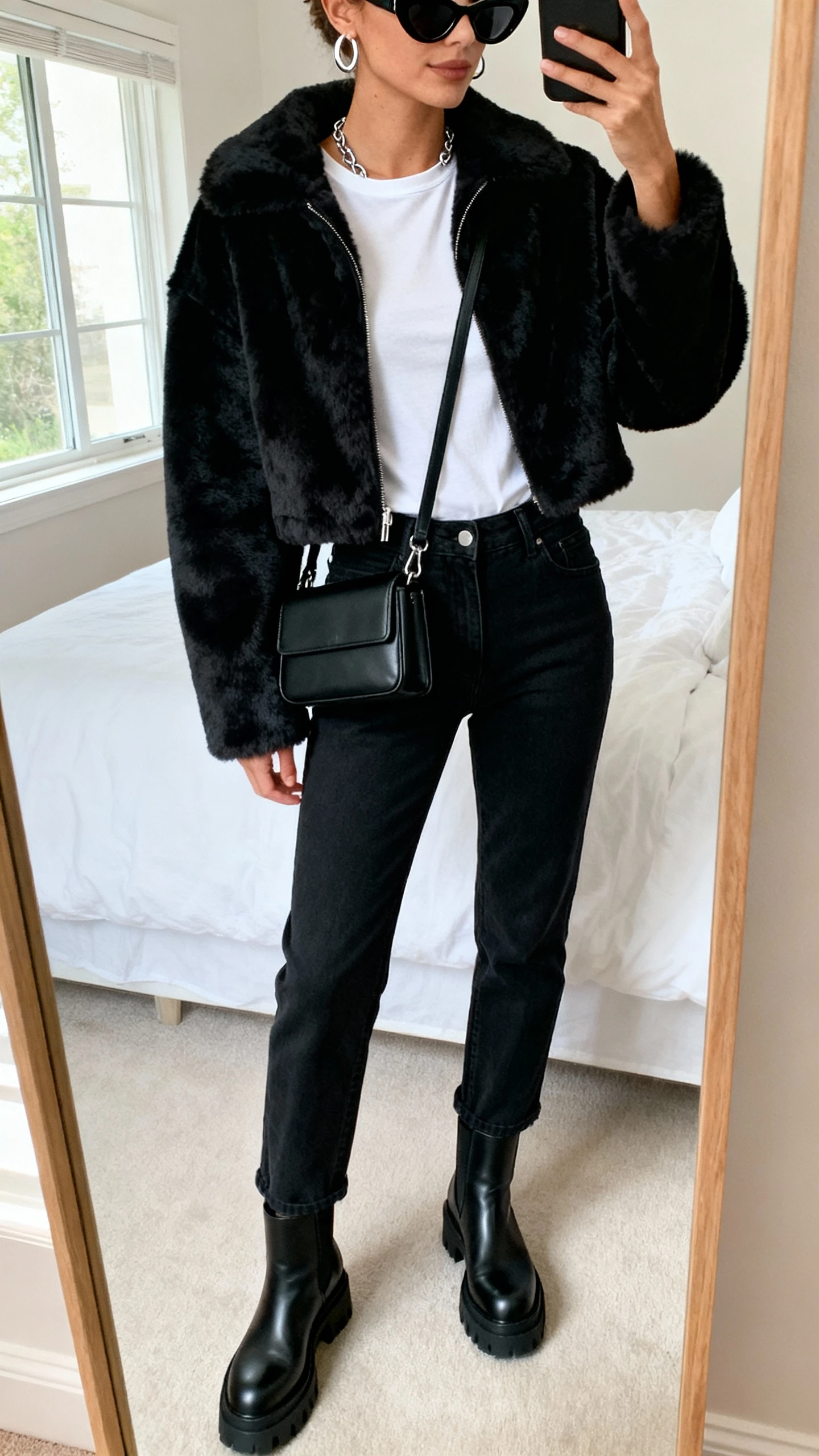 iPhone mirror selfie of a woman in a short black faux fur jacket with a slight boxy cut, white fitted crewneck tee, high-waisted straight-leg black jeans, chunky black leather Chelsea boots, structured mini crossbody bag in black, black cat-eye sunglasses, silver hoop earrings and simple chain; face not visible, cropped at neck, bedroom mirror, natural window light, natural iPhone photo quality.