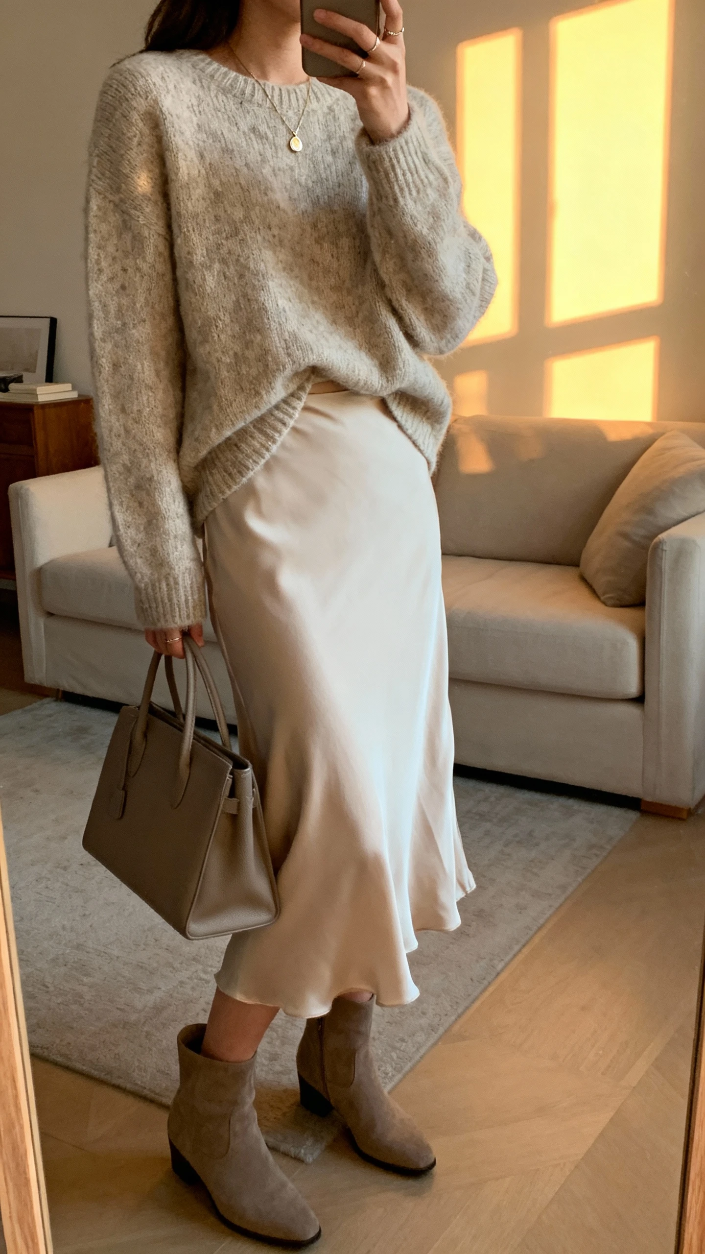iPhone mirror selfie of a woman in a soft slip skirt with a chunky sweater half-tucked, ankle boots, dainty pendant, structured tote, face not visible, cropped at shoulders, living room mirror with warm window light, natural iPhone quality.