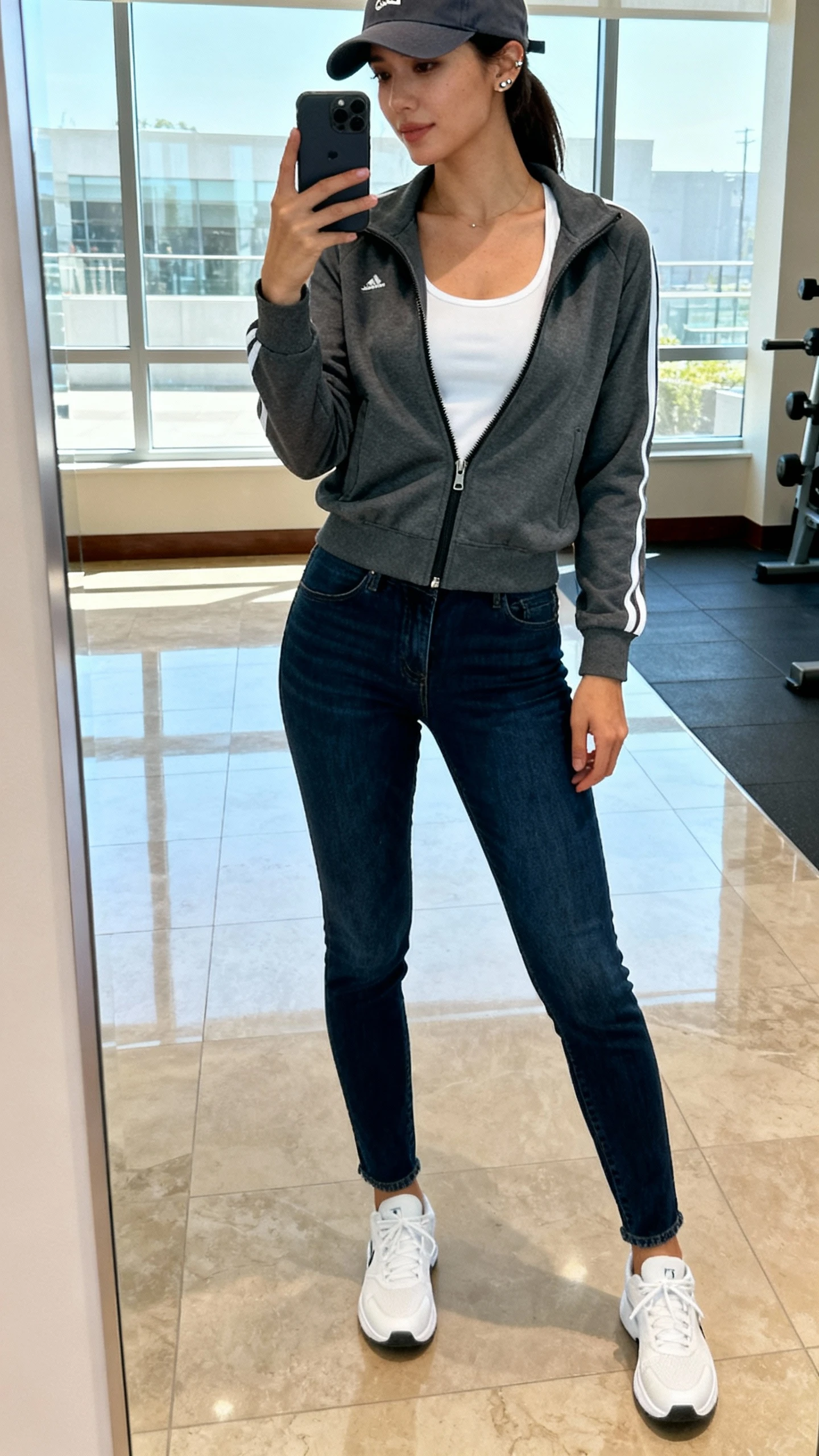 iPhone mirror selfie of a woman in a sporty zip-up track jacket (charcoal), white tank underneath, dark blue jeans, sleek white trainers, baseball cap and simple studs, face not visible, gym lobby mirror by big windows, bright natural light, iPhone photo.