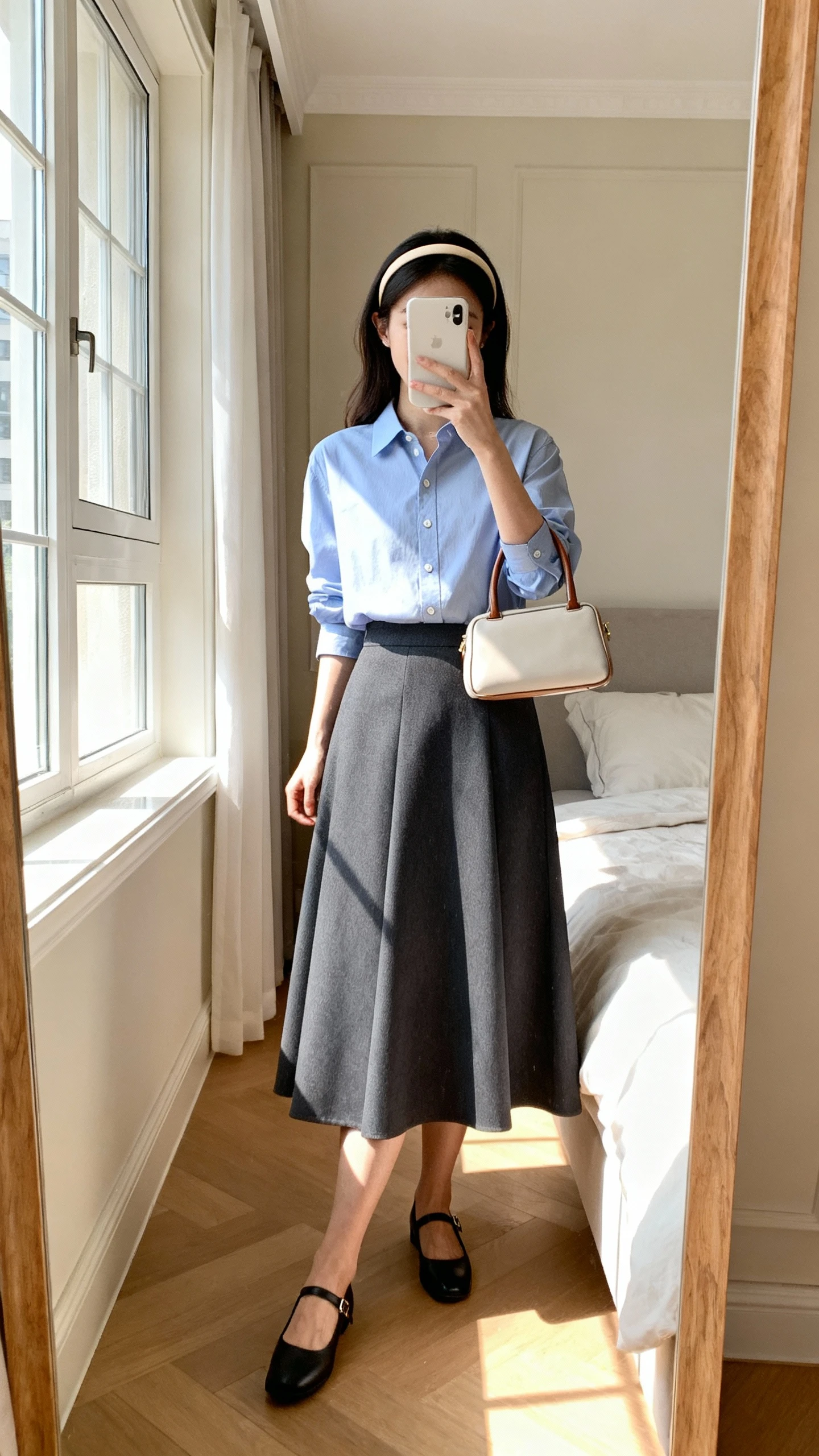 iPhone mirror selfie of a woman in an A-line skirt with a tucked-in button-up shirt, Mary Janes, thin headband and small top-handle bag, face not visible, bedroom mirror, bright daytime window light, natural iPhone aesthetic.