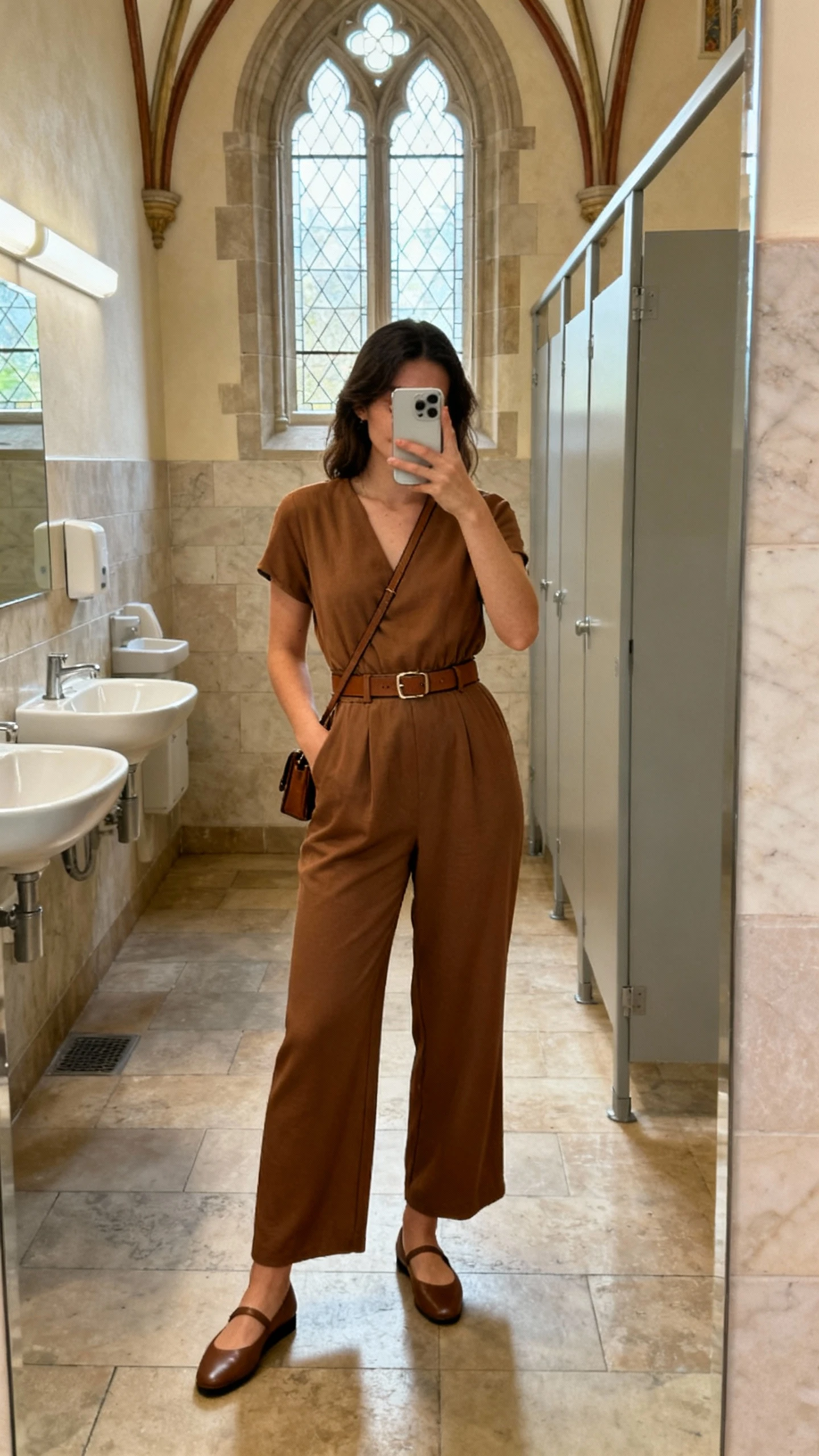 iPhone mirror selfie of a woman in an elevated solid-color jumpsuit with a defined waist, sleek flats, minimalist belt, small crossbody, face not visible, restroom mirror at church with soft indoor lighting, natural iPhone photo.