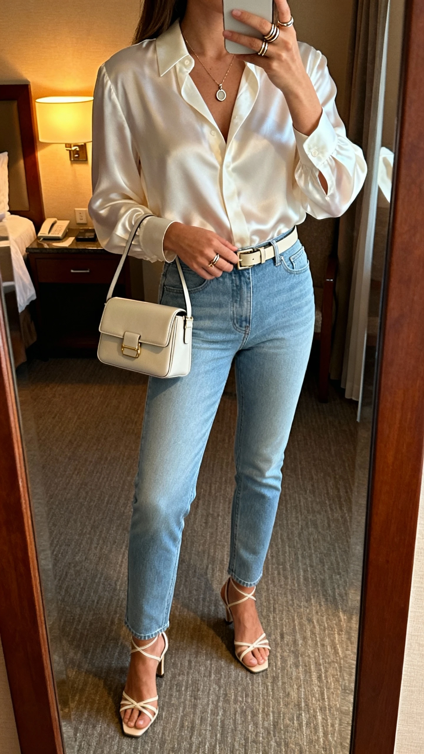 iPhone mirror selfie of a woman in an ivory silk blouse tucked into light blue slim-straight jeans, strappy heels, delicate pendant necklace with stacked rings, structured mini bag, slim belt, face not visible, hotel room mirror, warm evening lamp light, natural iPhone photo quality.