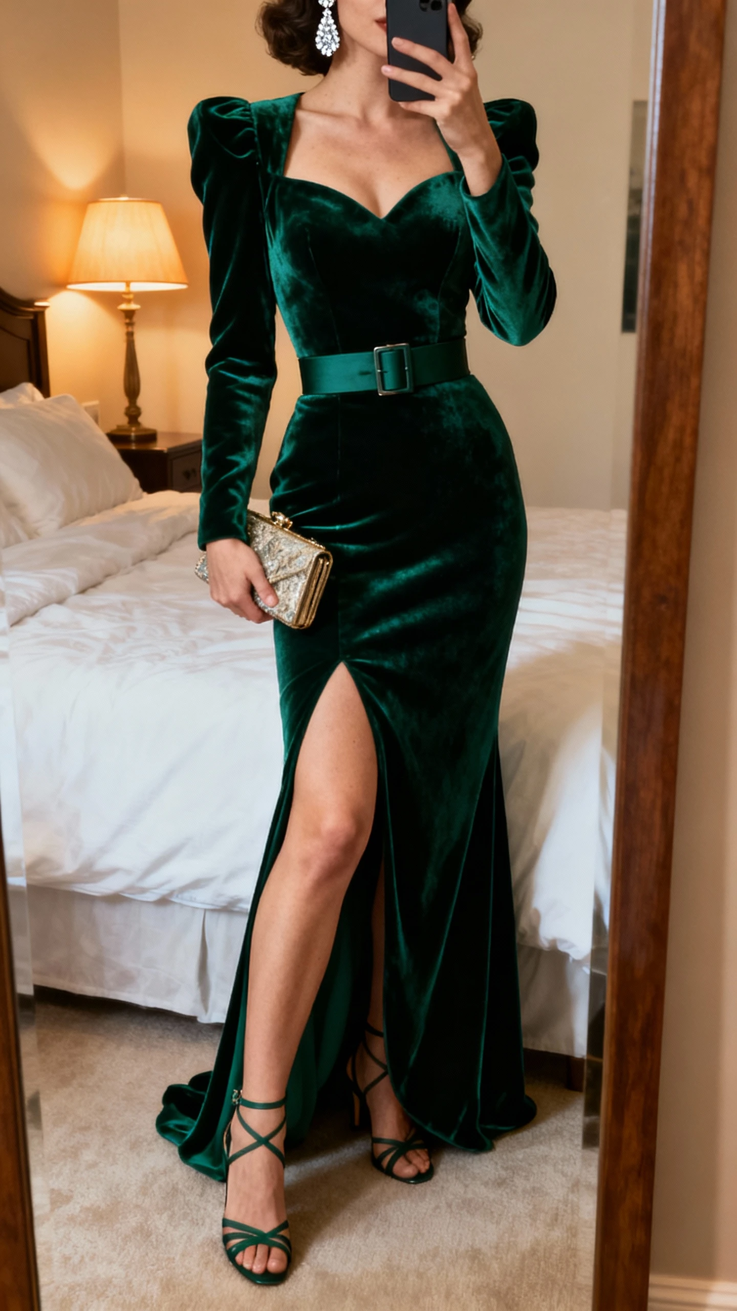 iPhone mirror selfie of a woman in an Old-Hollywood velvet siren gown with a modern twist: deep emerald velvet dress with a structured bodice, thigh-high slit, sleek belt, strappy heels, vintage-inspired clutch, diamond drop earrings; face not visible, bedroom mirror, warm lamp light, natural iPhone photo quality.