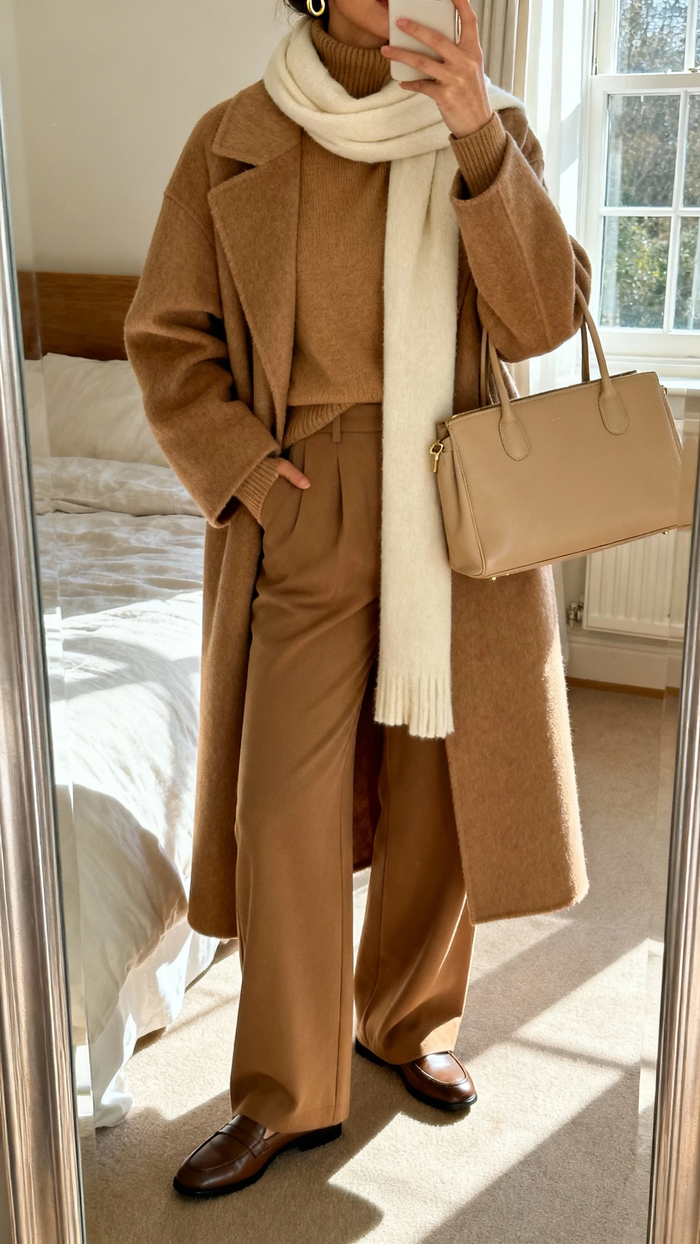 iPhone mirror selfie of a woman in luxe monochrome layers: long camel wool coat over tan cashmere turtleneck, matching wide-leg trousers, cream scarf, structured beige tote, sleek loafers, minimal gold hoops, face not visible, cropped at neck, bedroom mirror with morning window light, natural iPhone photo quality.