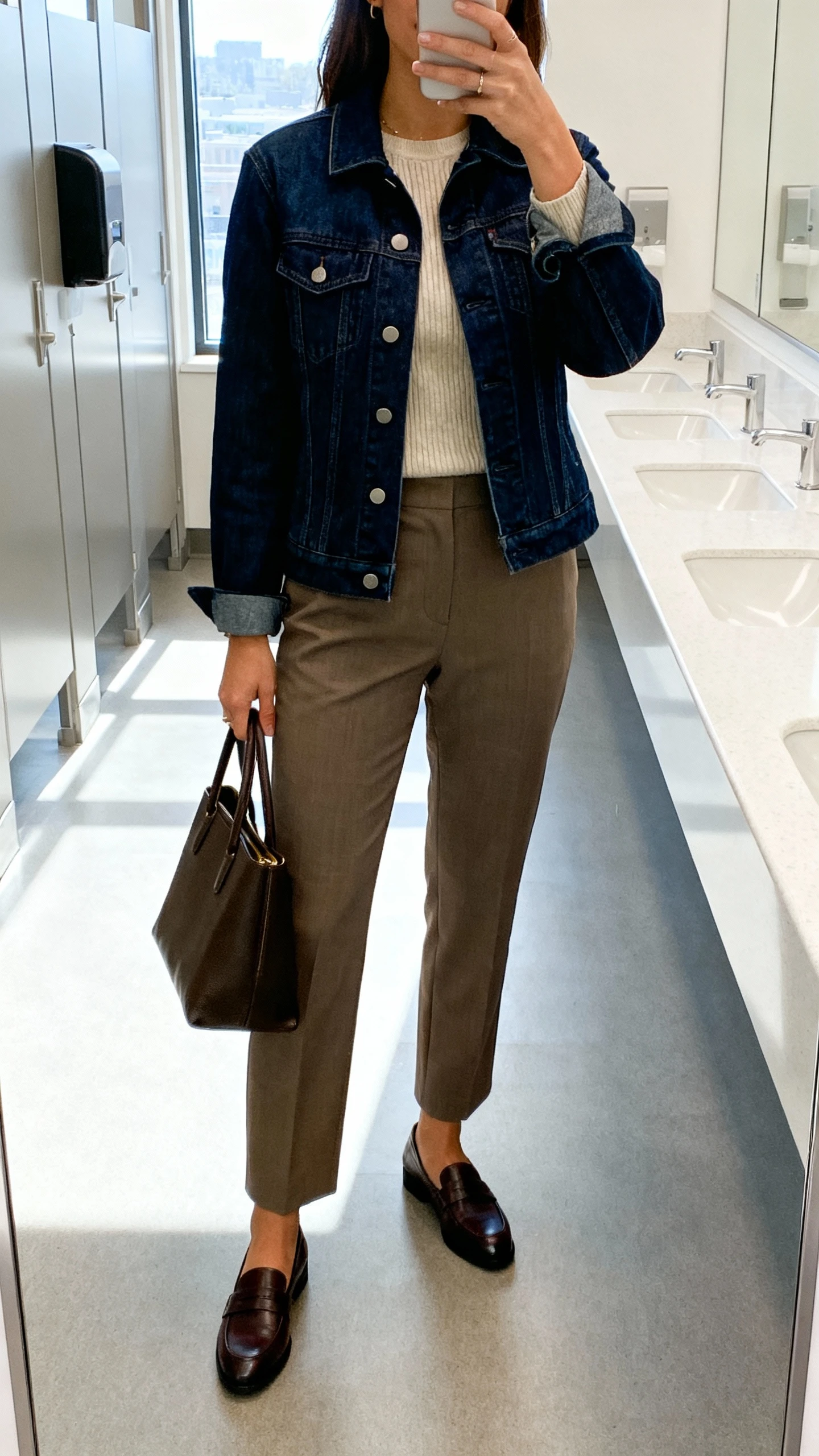 iPhone mirror selfie of a woman in tailored trousers, simple knit top, and a dark indigo denim jacket, loafers, structured tote, face not visible, office restroom mirror, bright overhead + window light, natural iPhone photo quality