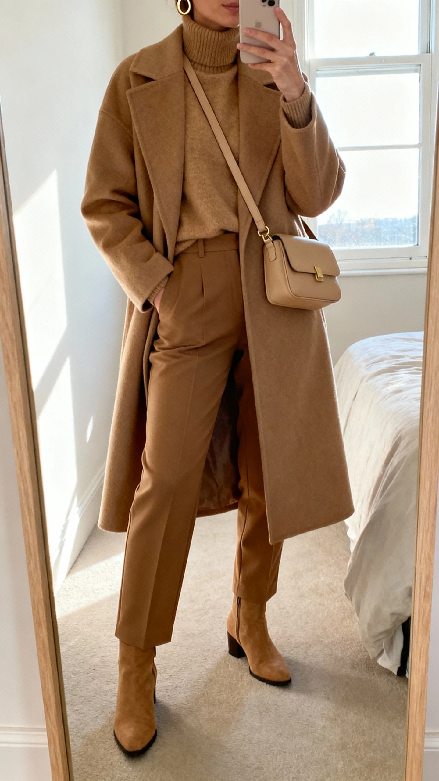 iPhone mirror selfie of a woman wearing a camel coat over a camel turtleneck, camel tailored trousers, tan ankle boots, minimal gold hoops, beige crossbody bag, face not visible, cropped at neck, bedroom mirror with window light, natural iPhone photo quality.