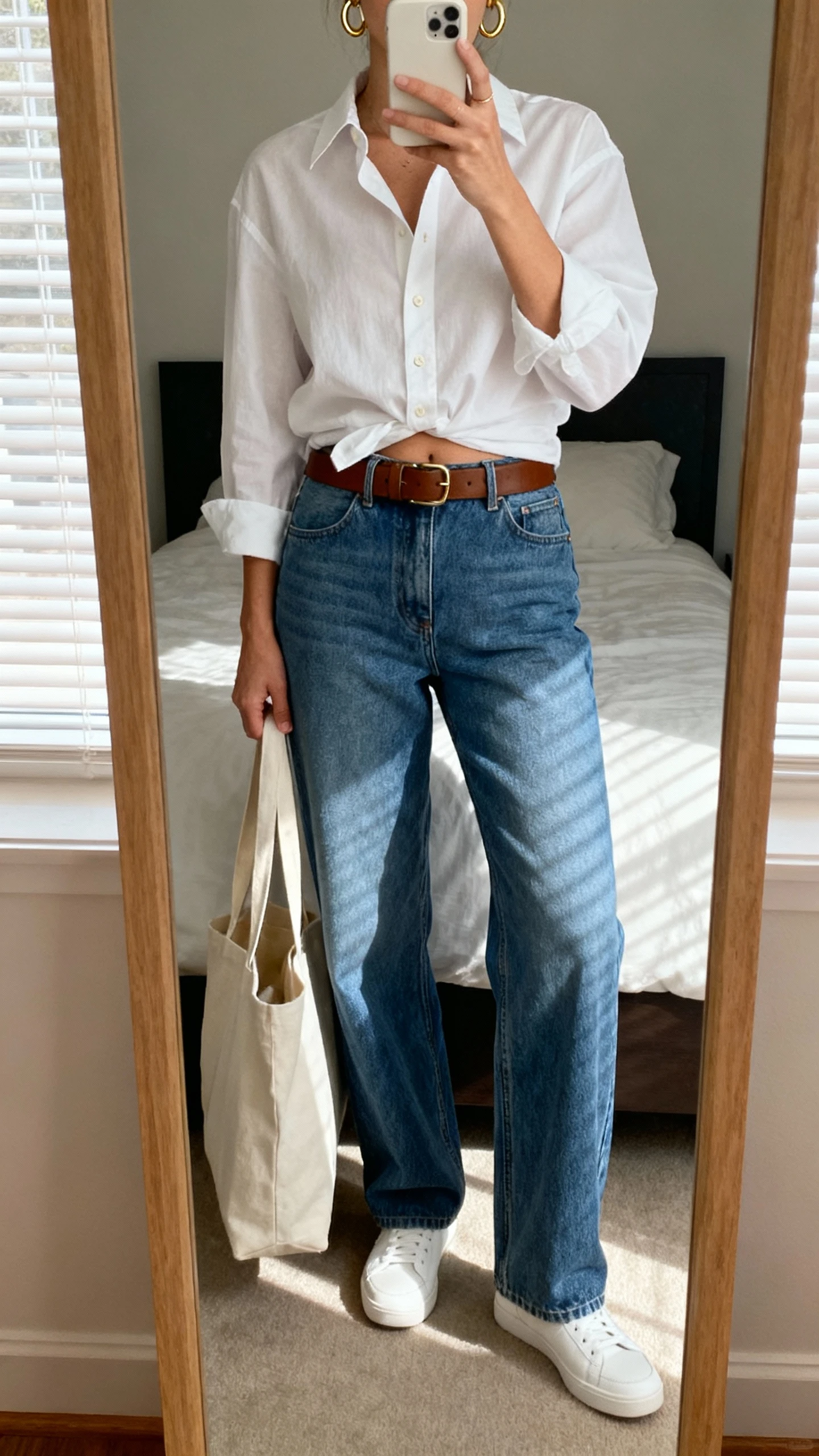 iPhone mirror selfie of a woman wearing a crisp white button-down half-tucked into relaxed straight-leg blue jeans, brown belt, minimalist white sneakers, simple gold hoops, tote bag on arm; face not visible, cropped at neck, bedroom mirror with morning window light, natural iPhone photo quality