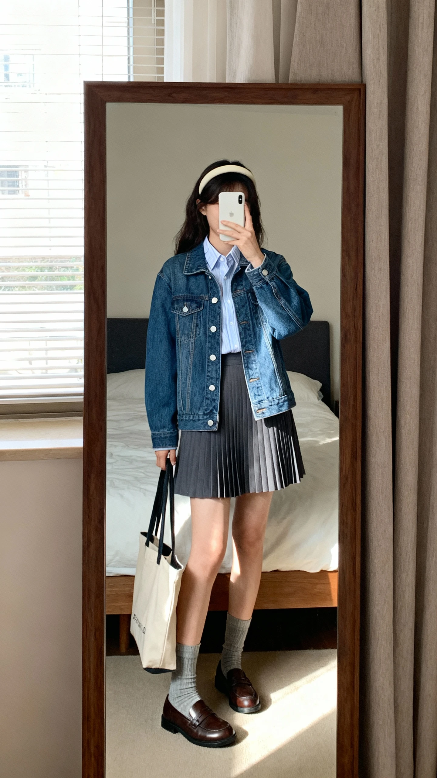 iPhone mirror selfie of a woman wearing a denim jacket over a crisp collared shirt and pleated skirt, crew socks with loafers, headband and tote, face not visible, bedroom full-length mirror, morning window light, natural iPhone aesthetic
