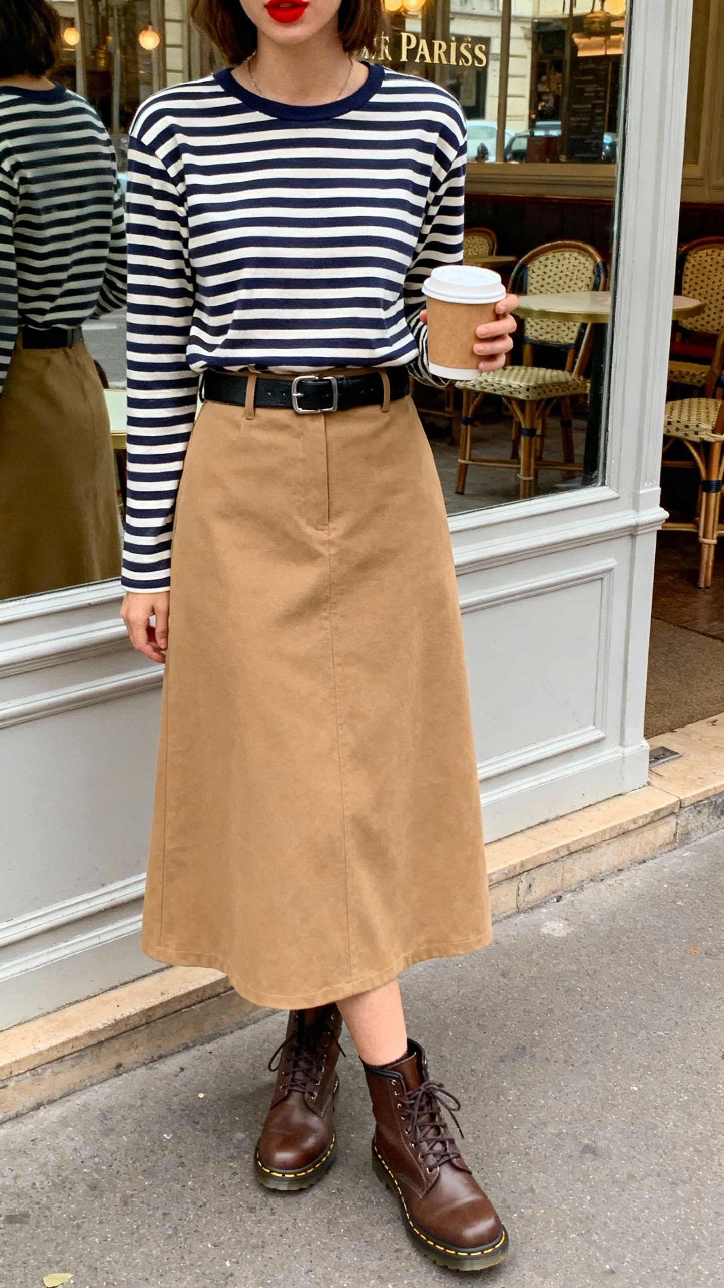 iPhone mirror selfie of a woman wearing a navy-and-cream striped long-sleeve tee tucked into a tan midi skirt, brown Doc Martens, black belt, and a red lip peeking on a coffee cup prop; face not visible, cropped at shoulders, Parisian-style cafe mirror, daylight, natural iPhone quality.