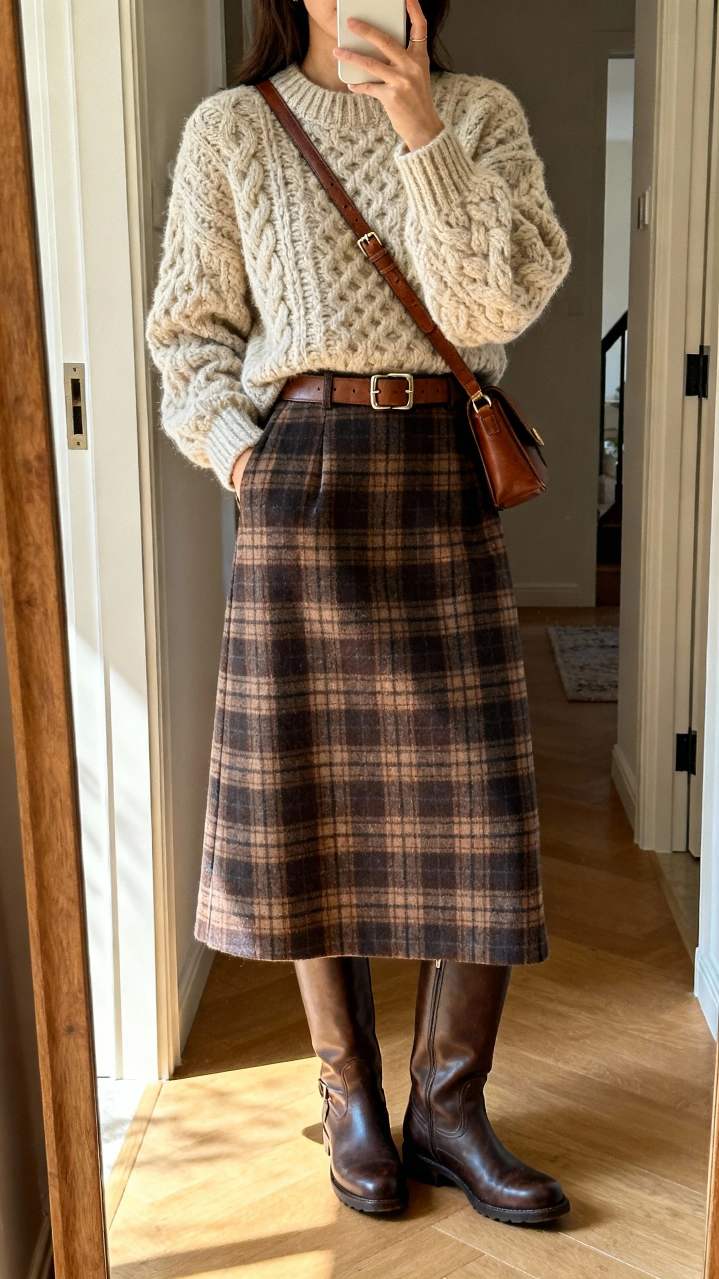iPhone mirror selfie of a woman wearing a plaid midi skirt with a cozy chunky knit, riding boots, leather belt, crossbody bag, face not visible, cropped at shoulders, entryway mirror with natural afternoon light, realistic iPhone quality.