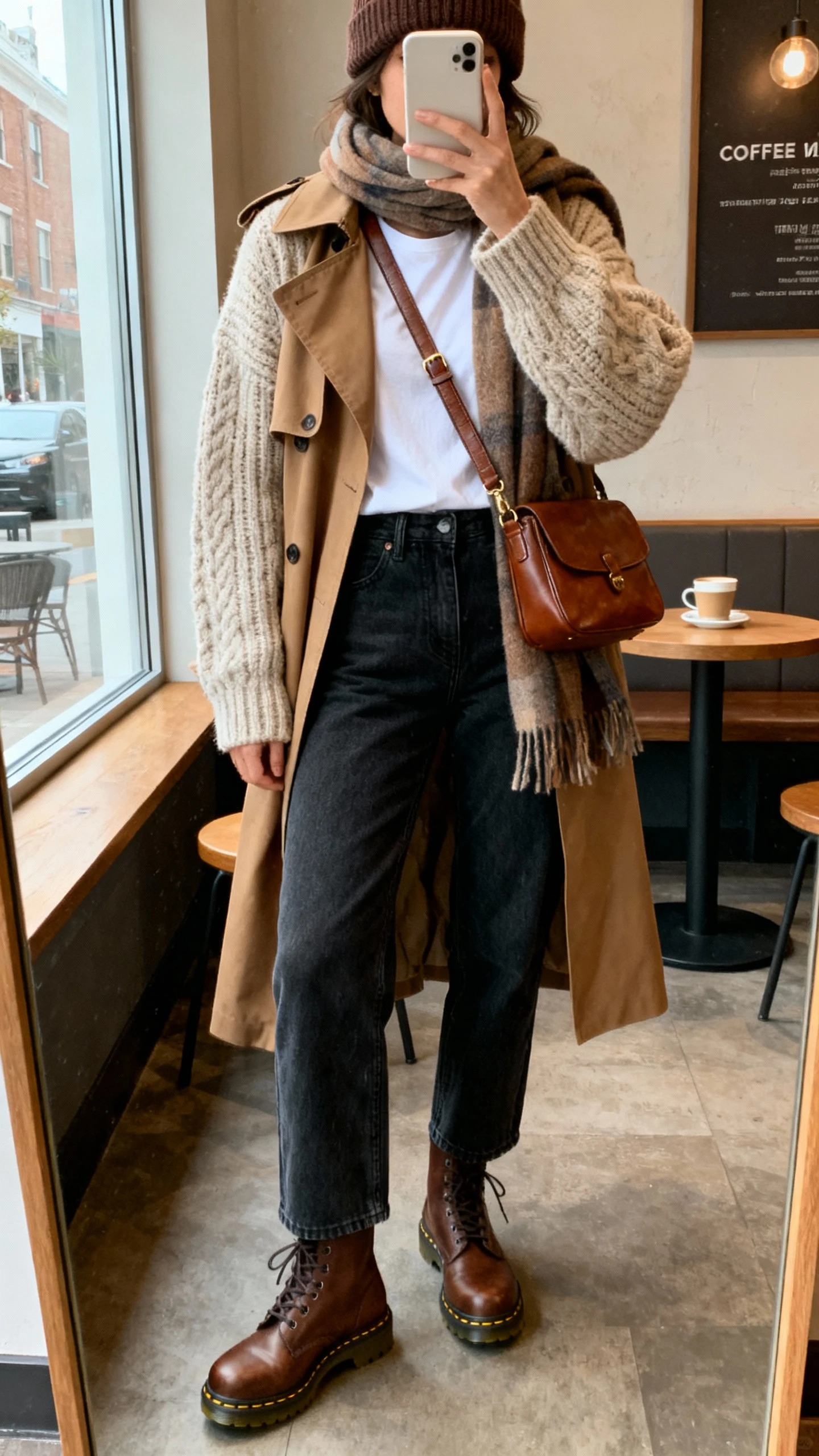 iPhone mirror selfie of a woman wearing brown Doc Martens with straight-leg dark jeans, white tee, camel trench layered over a chunky oatmeal cardigan, brown leather crossbody, scarf, and beanie; face not visible, cropped at neck, coffee shop corner mirror, morning window light, natural iPhone photo quality.