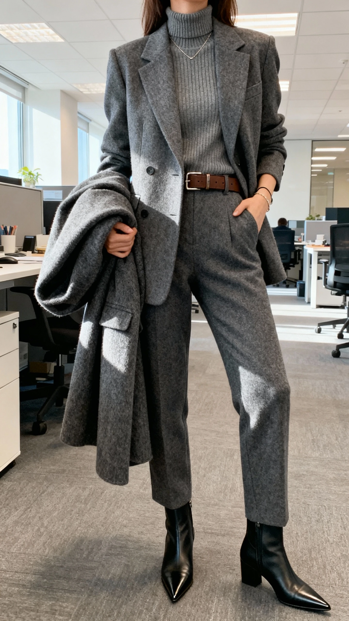 iPhone office mirror selfie of a woman in a monochrome wool-blend blazer with matching trousers, fine-knit turtleneck, pointed-toe ankle boots, structured wool coat over arm, leather belt, sleek minimal jewelry; face not visible, cropped at neck, bright office lighting, natural iPhone quality.