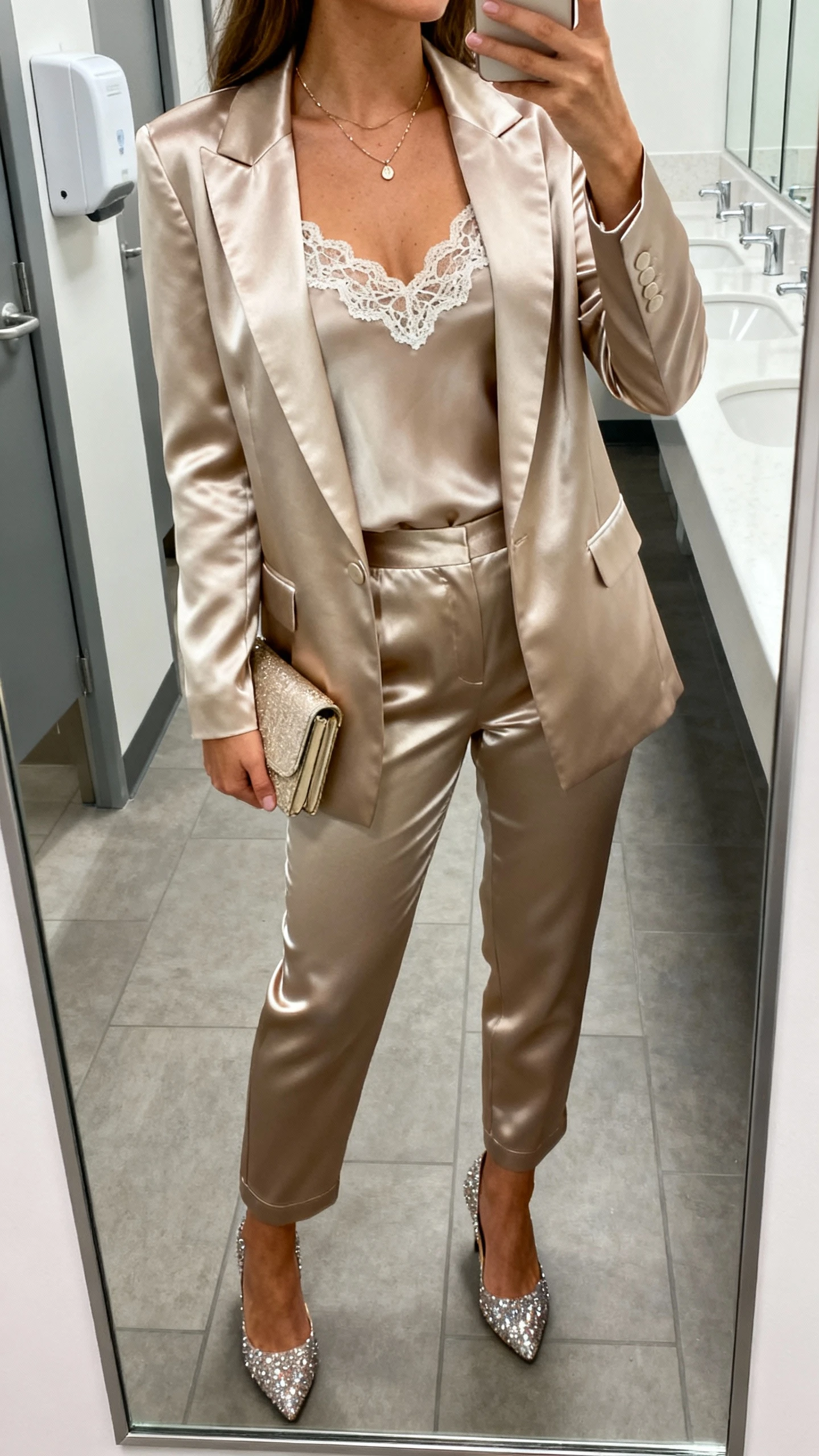 iPhone office mirror selfie of a woman in a satin suit set with a lacy camisole and sparkly pumps, delicate necklace and clutch, face not visible, cropped at neck, office restroom mirror, bright indoor lighting, natural iPhone photo quality.