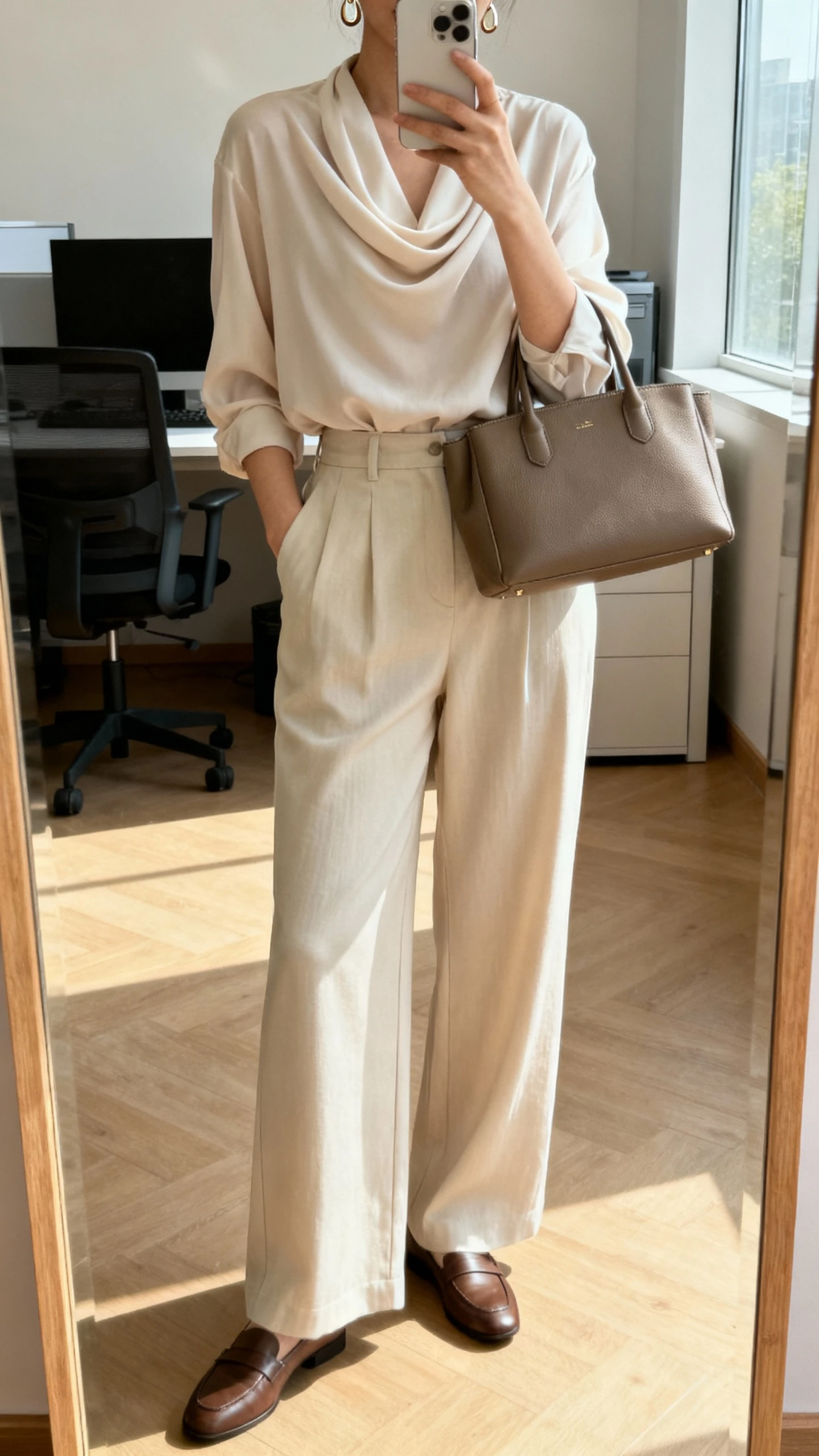 iPhone office mirror selfie of a woman wearing wide-leg trousers, a soft drapey blouse tucked in, loafers, minimalist earrings, structured tote, face not visible, cropped at shoulders, natural afternoon light, casual iPhone photo.