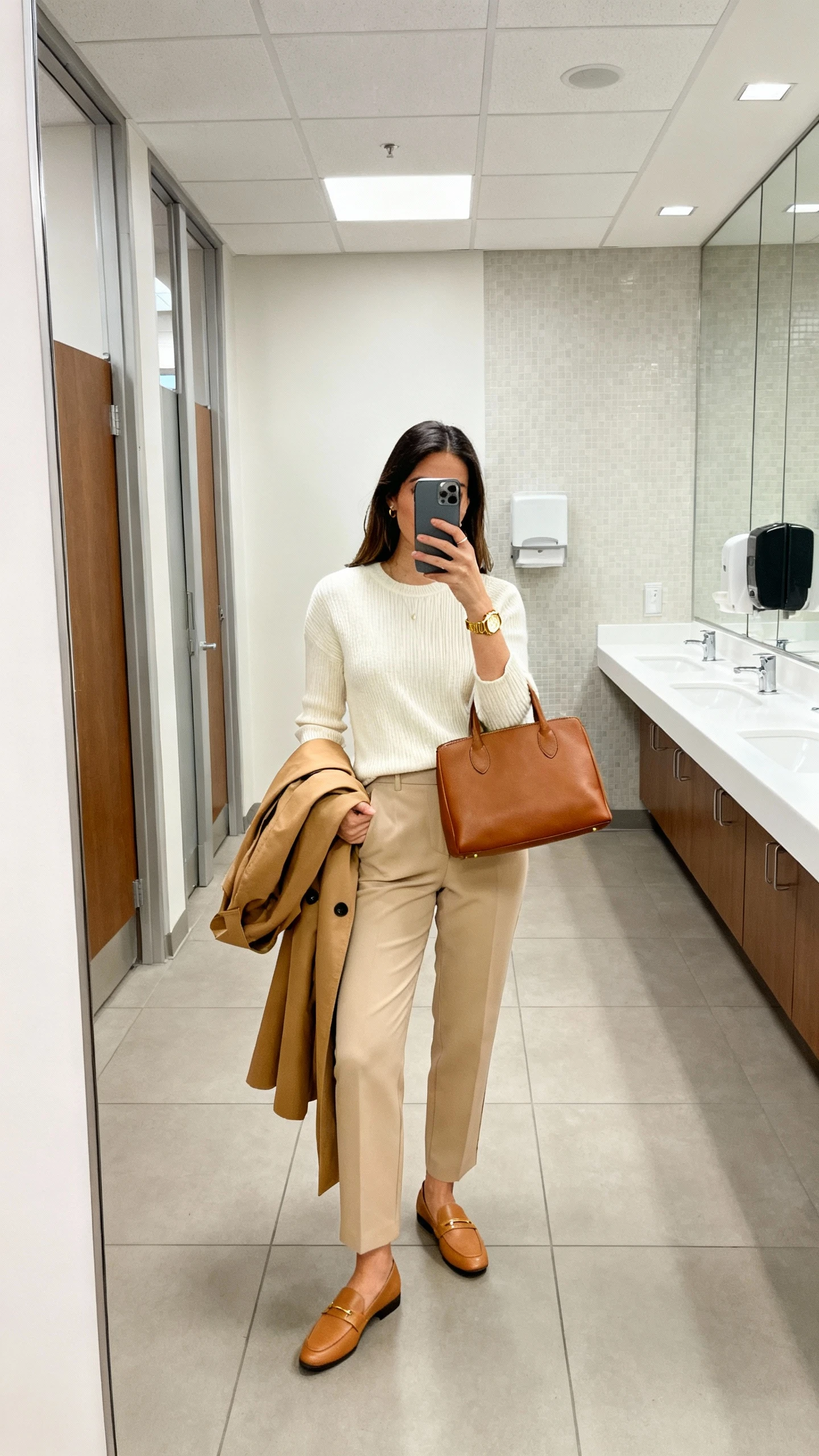iPhone office restroom mirror selfie of a woman in tonal neutral pieces: cream knit top, beige tailored trousers, camel trench draped over arm, tan loafers, structured leather tote, and gold watch, face not visible, soft overhead light, natural iPhone aesthetic.