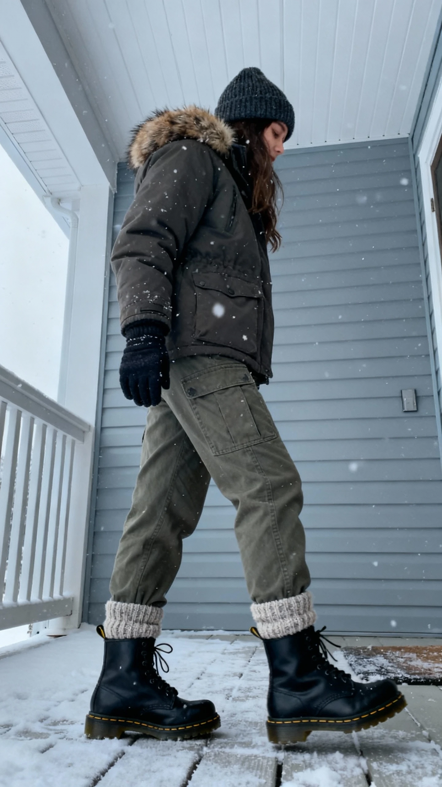 iPhone outdoor porch selfie of a woman in a fur-trim parka, utility cargo pants, thick wool socks, black Doc Martens, knit beanie, and gloves, face not visible, side angle, overcast snow-day light, natural iPhone photo.