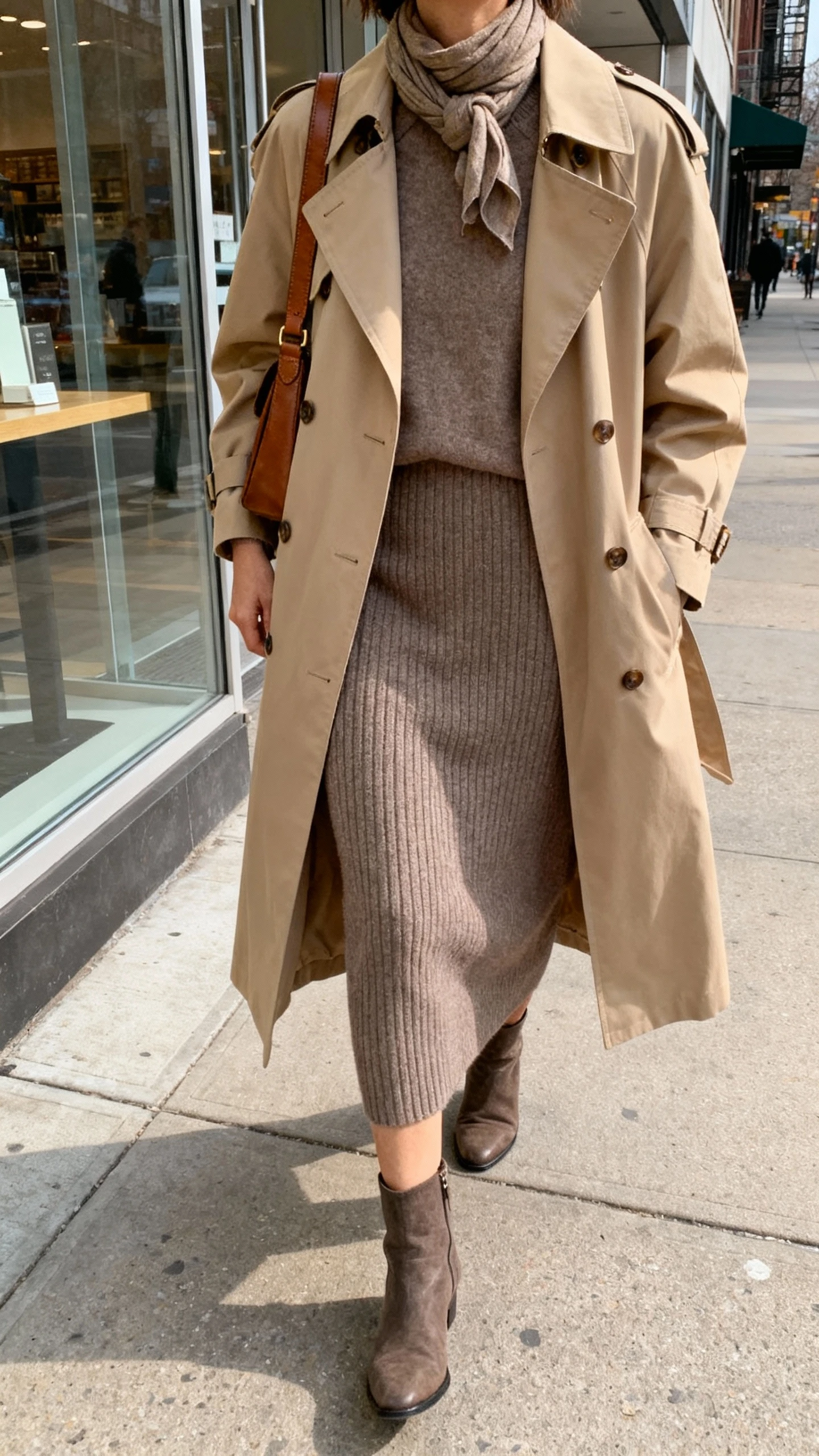 iPhone outdoor selfie from chest down of a woman wearing a trench-and-knit dress duo: classic beige trench coat layered over a ribbed knit midi dress in taupe, ankle boots, scarf tucked at collar, leather shoulder bag, face not visible, city sidewalk near glass storefront, soft morning daylight, natural iPhone quality.