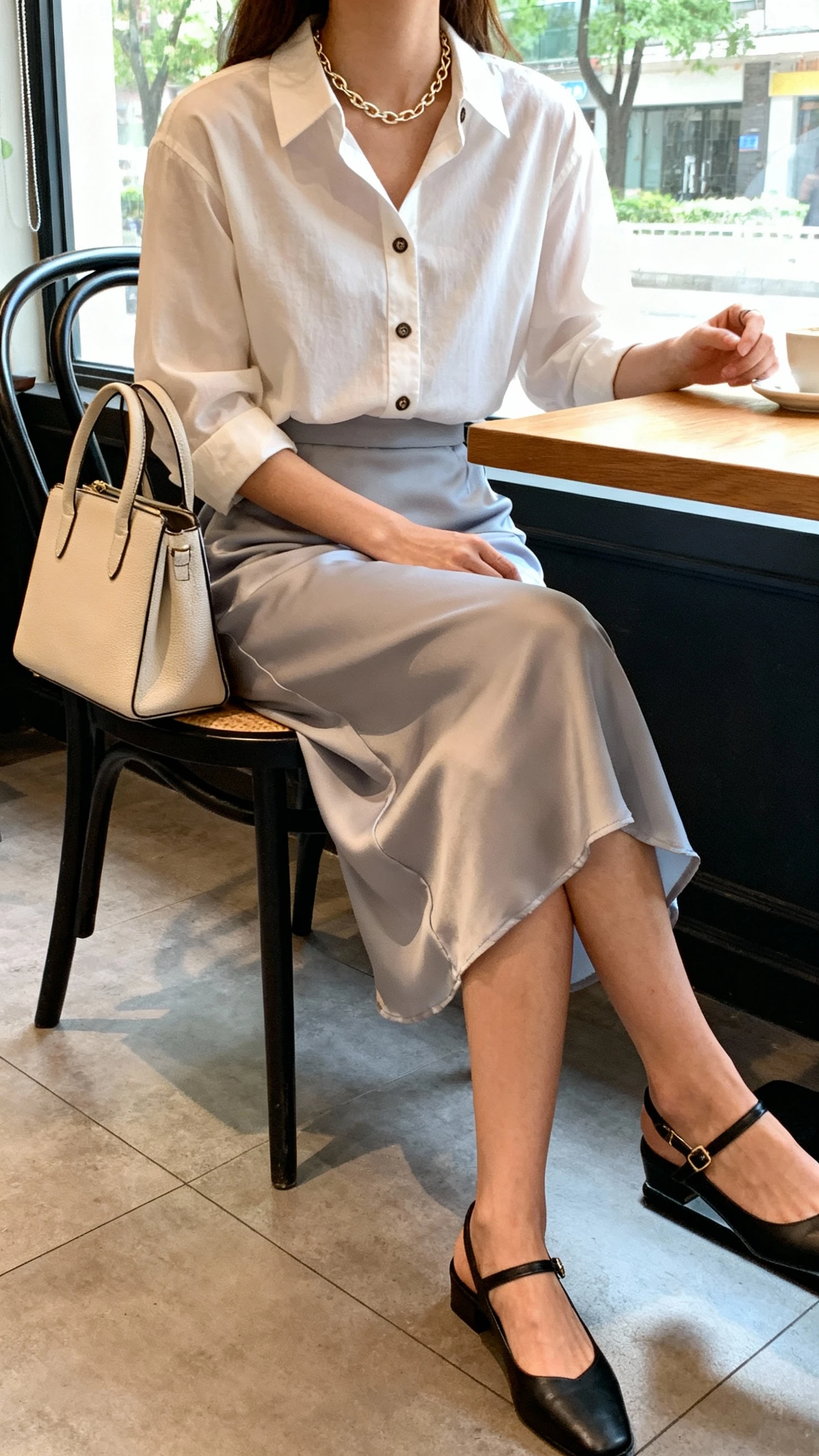 iPhone seated cafe selfie, cropped at neck, showing a woman in a classic button-down tucked into a midi slip skirt, delicate chain necklace, slingback flats, structured tote on chair, face not visible, natural window light, iPhone quality.