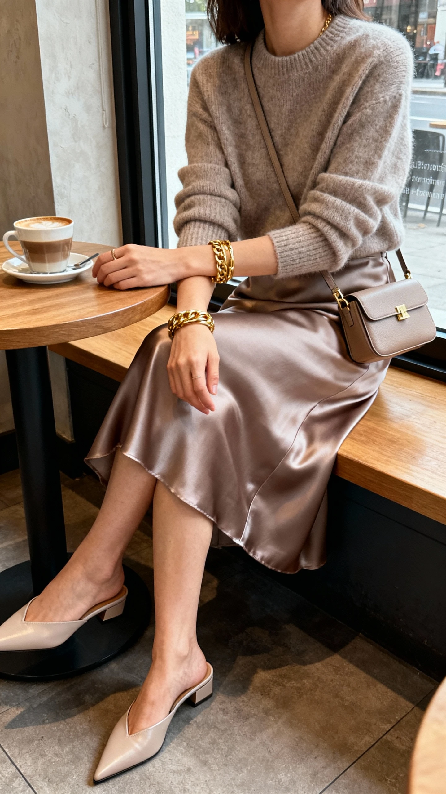 iPhone seated cafe selfie cropped at neck showing a woman in monochrome knit-glam: cashmere top and satin skirt set in soft taupe, pointed mules, layered gold bracelets, mini shoulder bag; face not visible, window seat at coffee shop, natural morning light, casual iPhone photo.