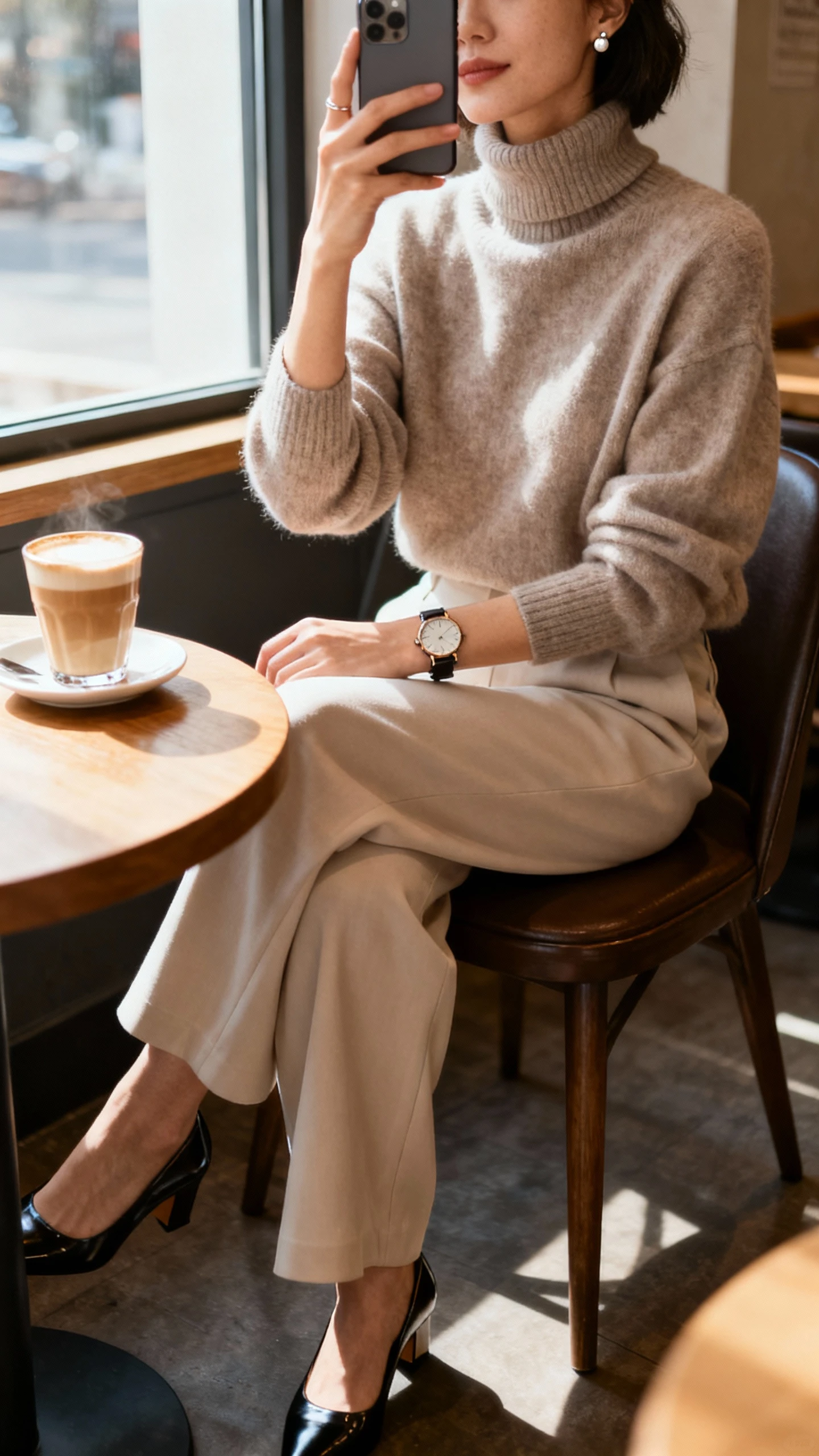 iPhone seated cafe selfie cropped at shoulders showing a woman wearing a cozy turtleneck, wide-leg trousers, and sleek heels, watch and simple studs, latte on table, face not visible, morning window light, natural iPhone photo.