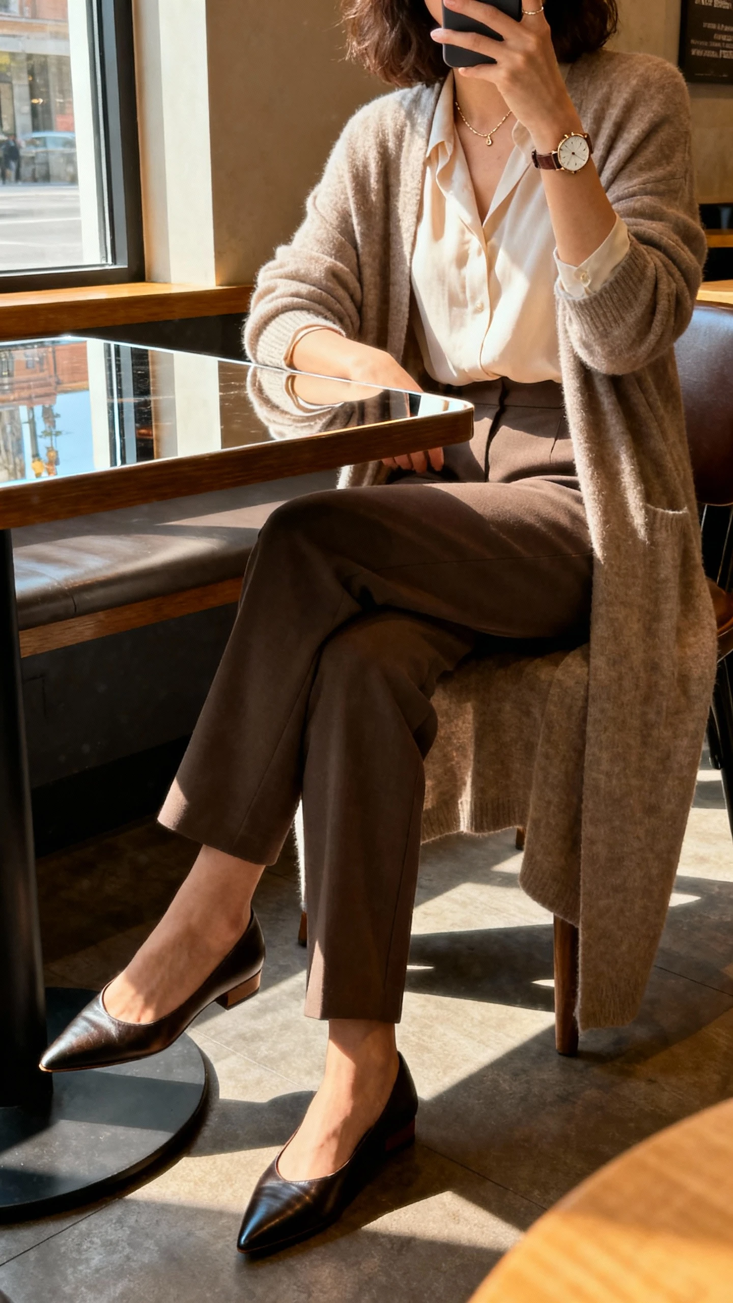 iPhone seated cafe selfie (table reflection) of a woman in tailored trousers, soft blouse, longline cardigan, pointed flats, delicate watch, face not visible, side angle, warm indoor light by window, natural iPhone photo.