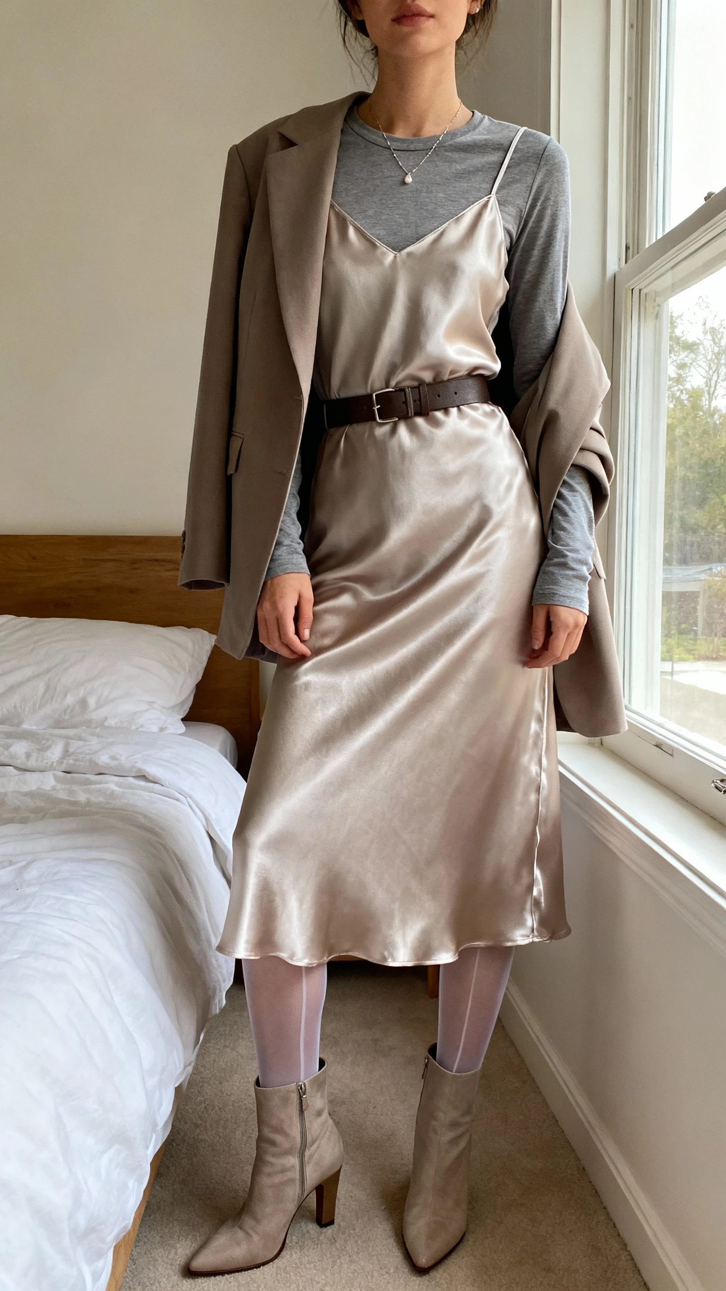iPhone selfie cropped at neck of a woman in a slip dress glow-up: satin midi slip layered over a fitted long-sleeve tee, waist belt, sheer tights, heeled ankle boots, oversized blazer draped on shoulders, delicate necklace, face not visible, bedroom corner by window, soft natural light, iPhone photo quality.