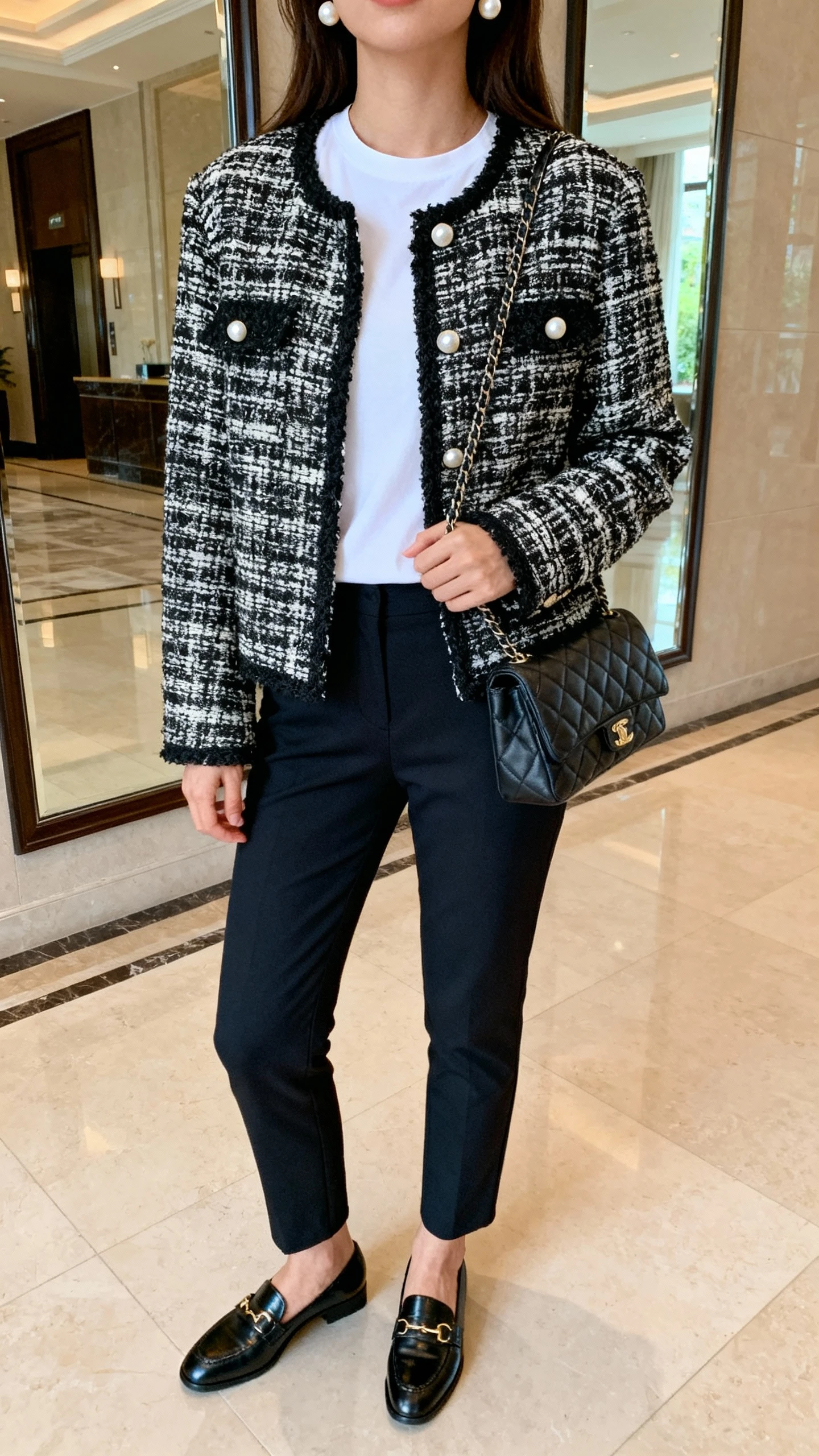 iPhone selfie cropped at neck of a woman wearing a tweed jacket remix: black-and-white tweed jacket over a simple white tee, dark slim trousers, cap-toe flats, pearl studs, quilted shoulder bag, face not visible, lobby mirror, soft indoor daylight, natural iPhone aesthetic.