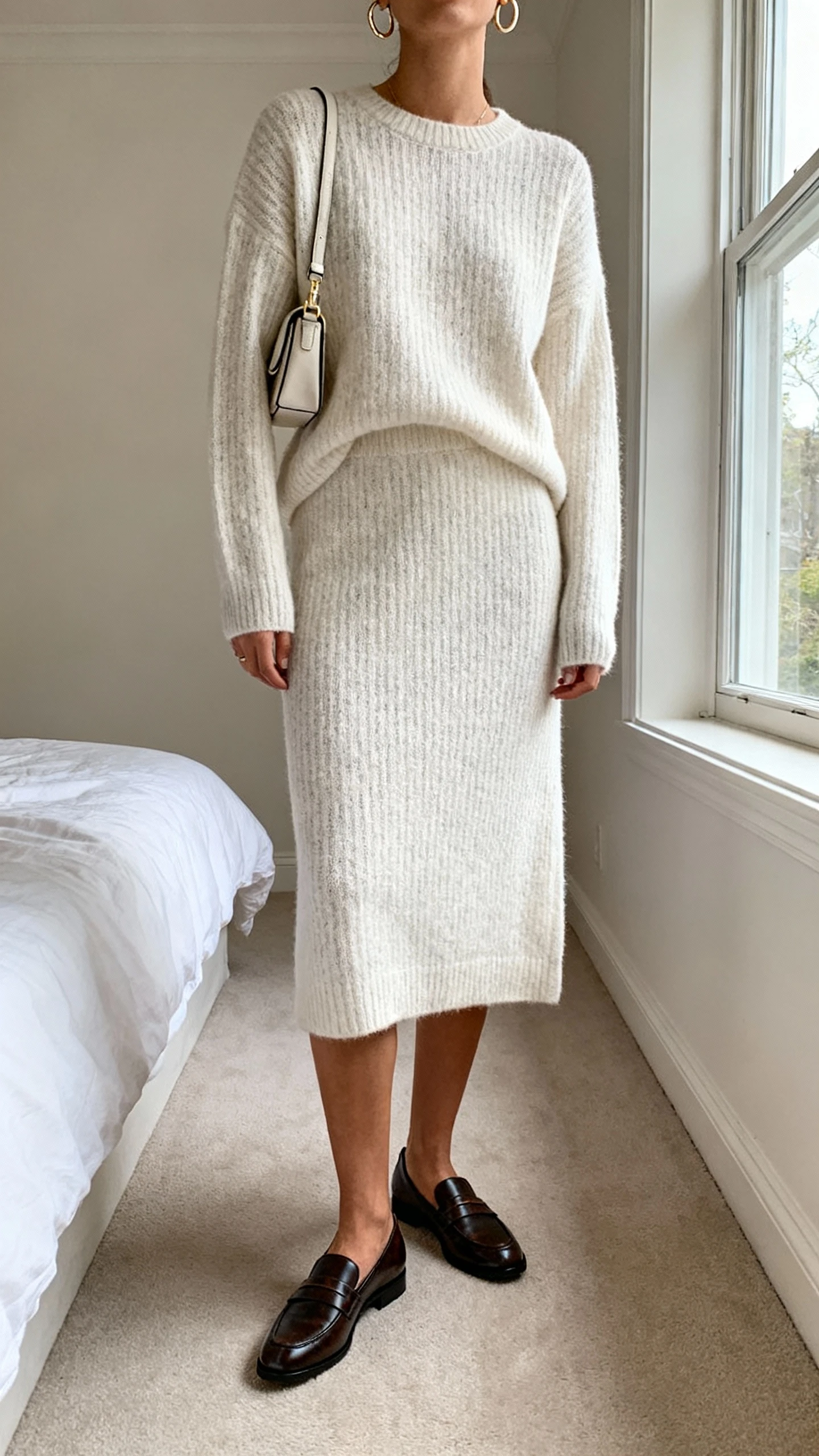 iPhone selfie cropped at shoulders showing a woman in a monochrome knit set (fine-knit sweater and matching knit skirt), sleek loafers, delicate hoop earrings, small crossbody, face not visible, bedroom near window, soft daylight, natural iPhone photo quality.