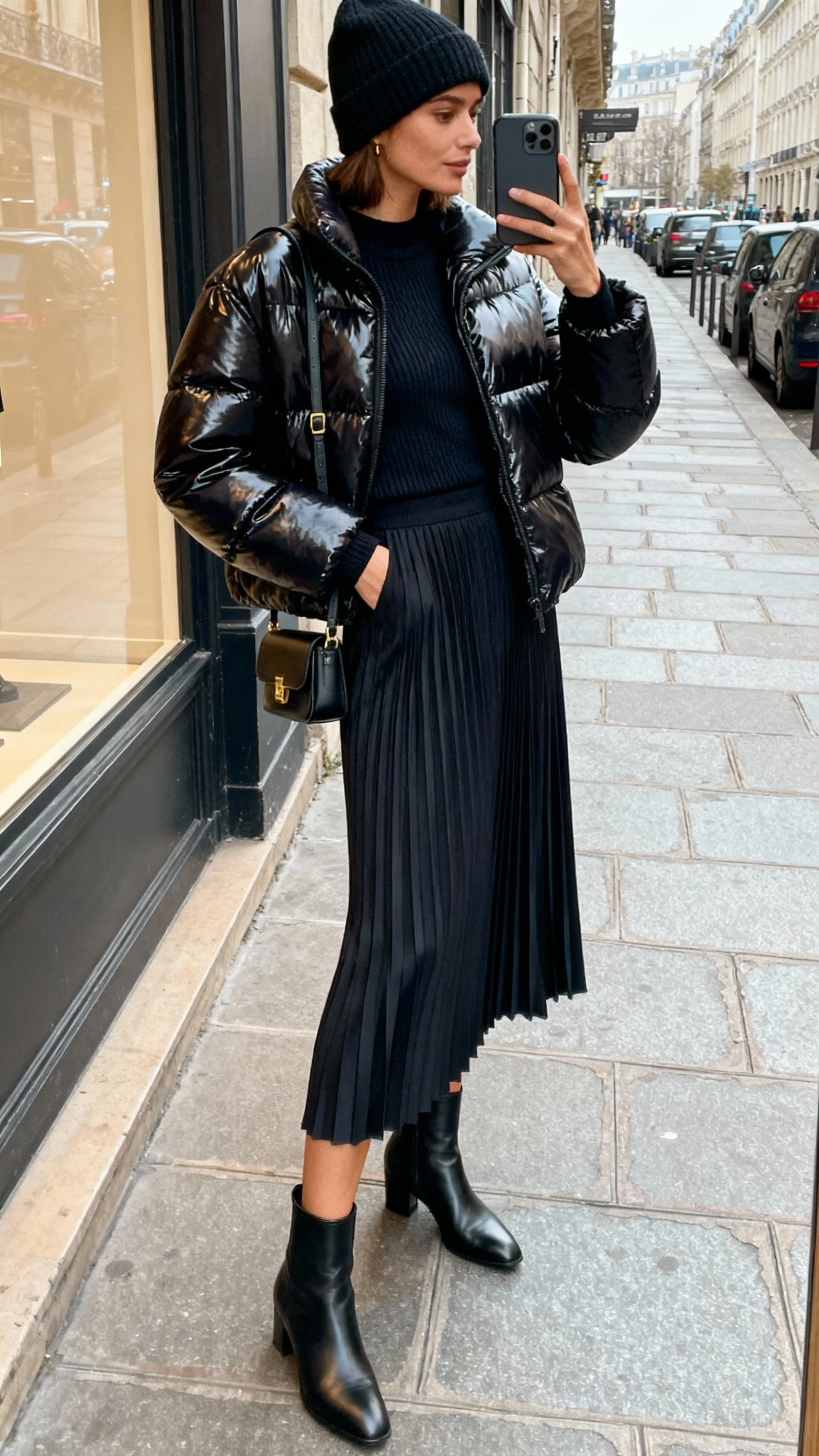 iPhone side-angle selfie of a woman in a city-chic look: glossy black puffer jacket, pleated midi skirt, fitted knit top, sleek ankle boots, beanie, small shoulder bag, face not visible, taken on a city sidewalk near store window, natural daylight, casual iPhone photo.