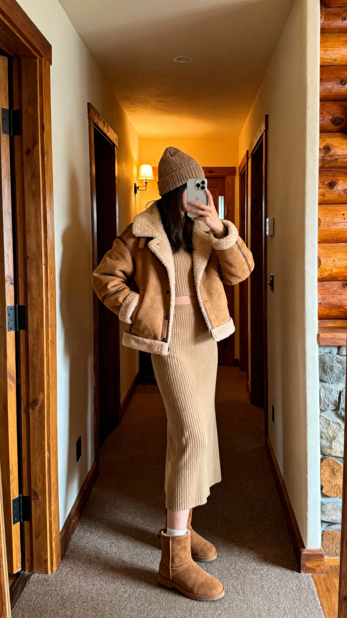 iPhone side-angle selfie of a woman in a tan shearling jacket over a beige knit skirt set (ribbed top and matching midi skirt), suede ankle boots, wool beanie, face not visible, lodge-style hallway with warm indoor light, natural iPhone photo.
