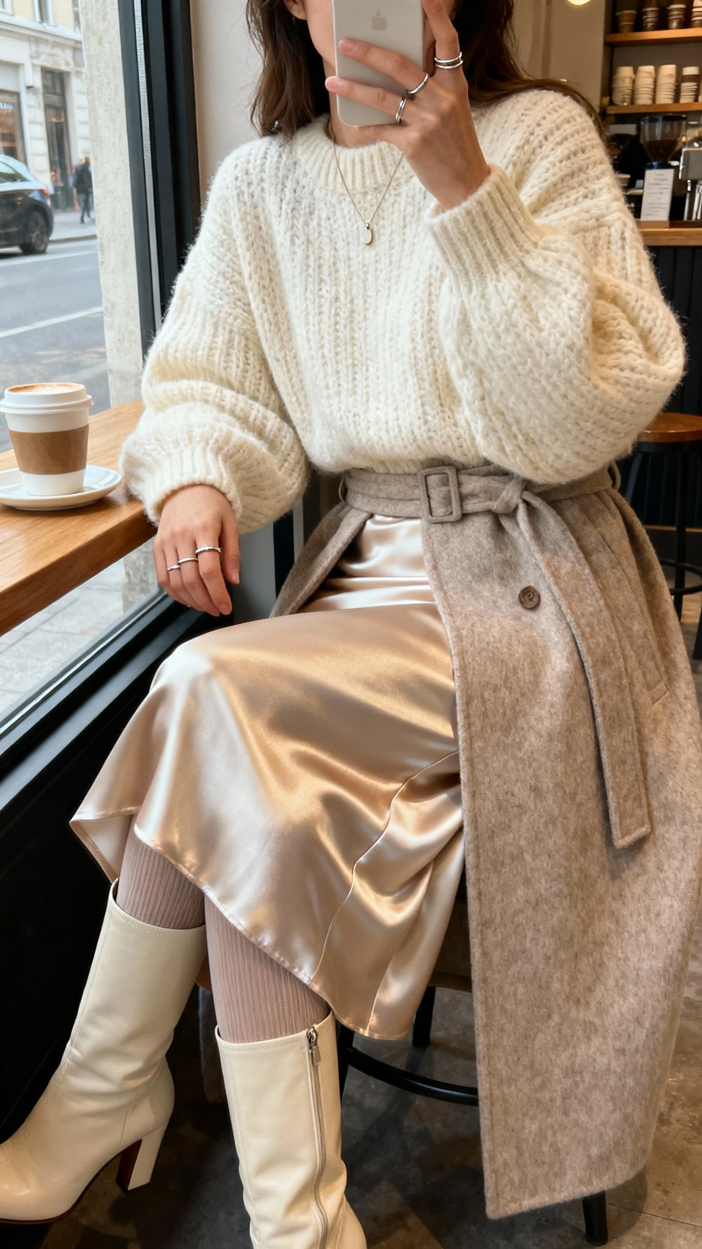 iPhone side-angle selfie of a woman in an oversized cream chunky knit sweater, bias-cut satin midi skirt, heeled knee-high boots, opaque thermal tights, a long belted wool coat, minimal pendant necklace and thin stacking rings; coffee shop window seating, face not visible, natural daylight, natural iPhone photo quality.