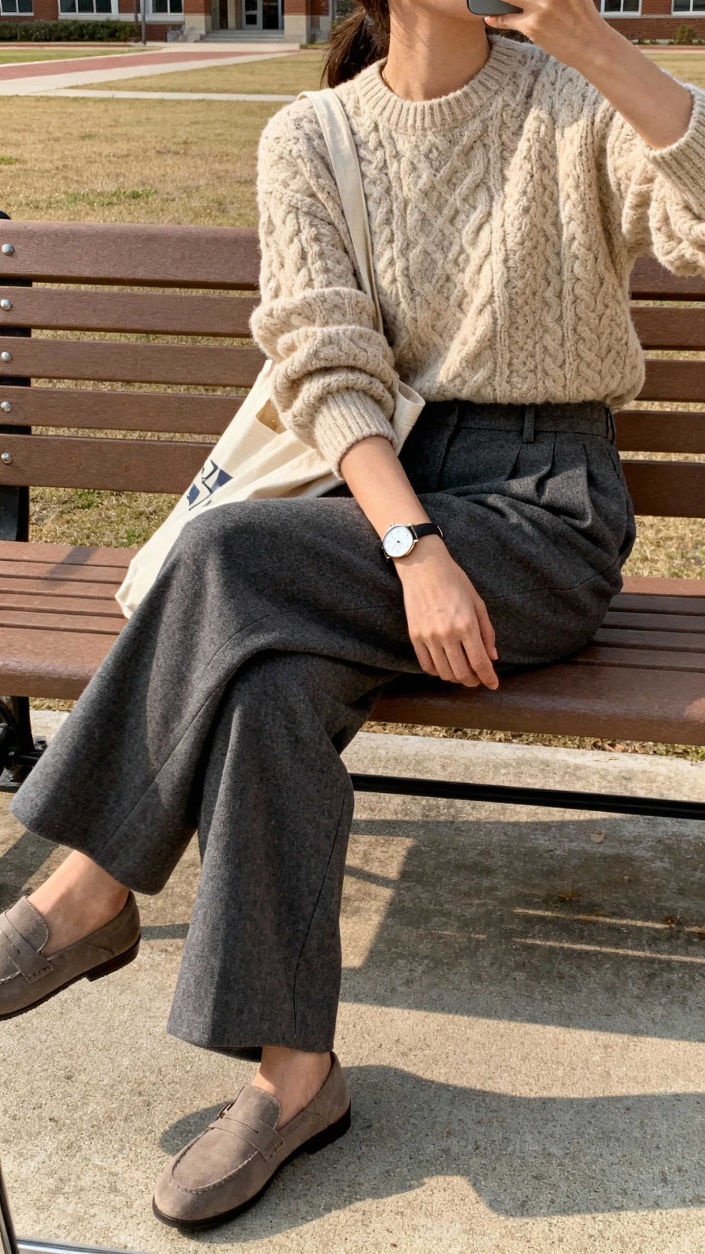 iPhone side-angle selfie of a woman sitting on a campus bench wearing a chunky beige knit sweater, high-waisted wide-leg trousers in charcoal, loafers, minimalist watch, tote bag, face not visible, morning light, casual iPhone aesthetic.