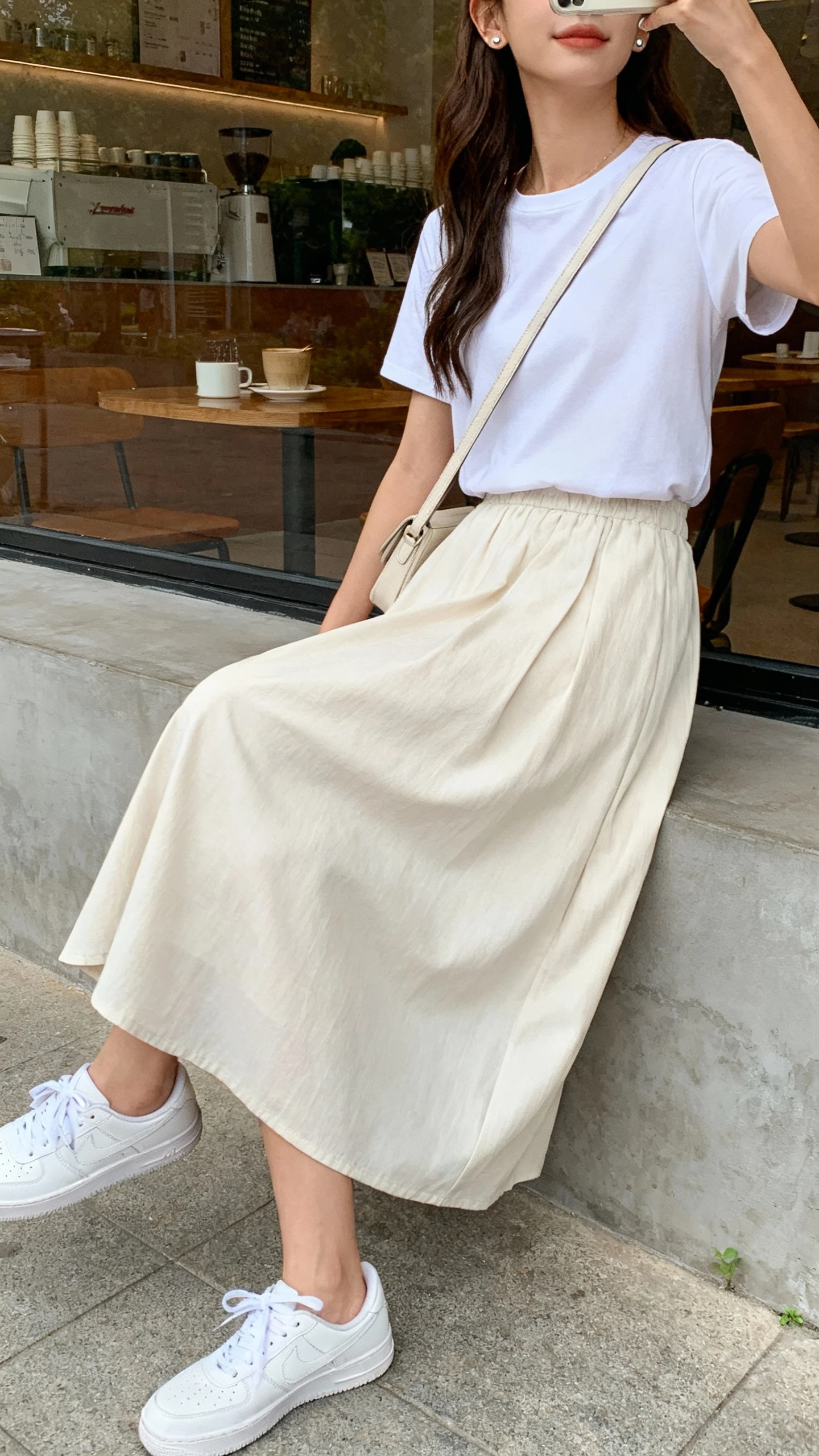 iPhone side-angle selfie of a woman wearing a breezy midi skirt, crisp tee, white sneakers, crossbody bag, minimal studs, face not visible, taken outside a coffee shop window in soft daylight, natural iPhone photo.