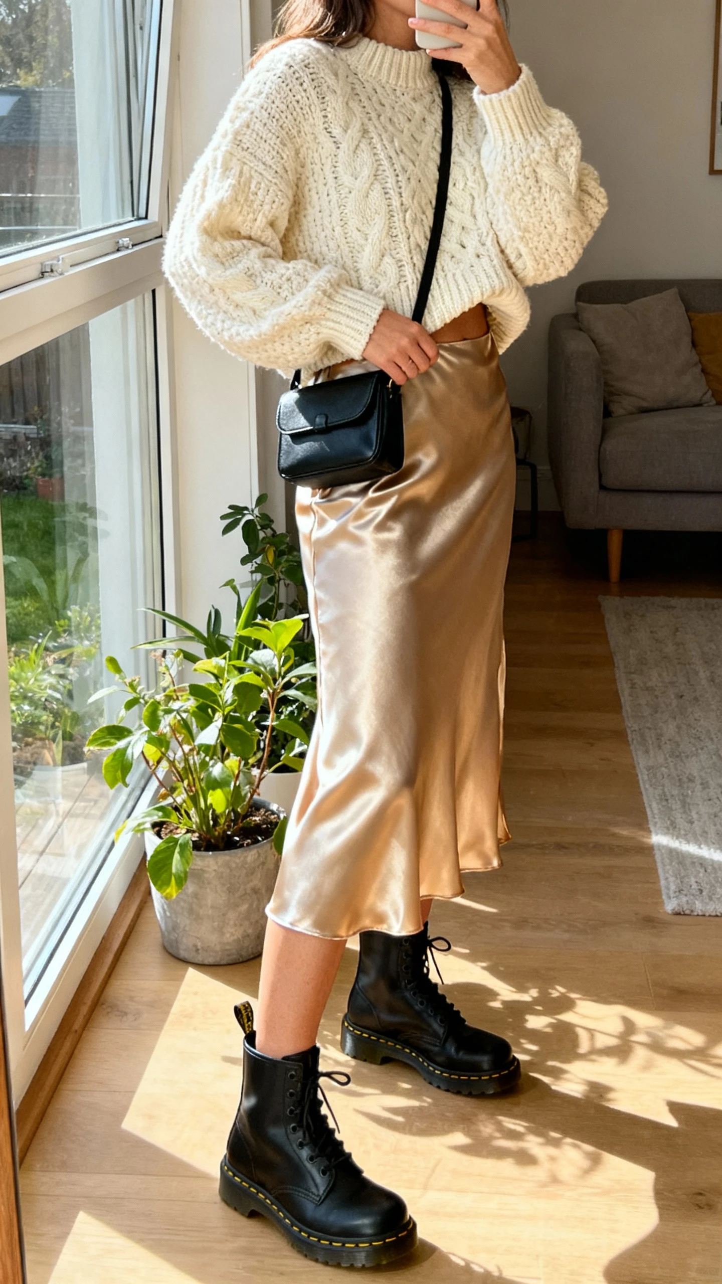iPhone side-angle selfie of a woman wearing a satin slip skirt in champagne, chunky cream knit sweater half-tucked, black Doc Martens, small black crossbody, face not visible, living room near window with plants, soft afternoon light, casual iPhone photo.