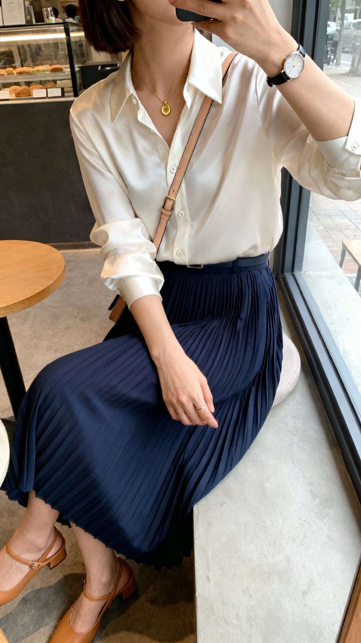 iPhone side-angle selfie of a woman wearing a silk blouse and pleated midi skirt: ivory silk button-up tucked into a navy pleated midi, tan slingback heels, delicate gold pendant, slim watch, soft leather crossbody, face not visible, sitting by cafe window, natural daylight, casual iPhone photo.