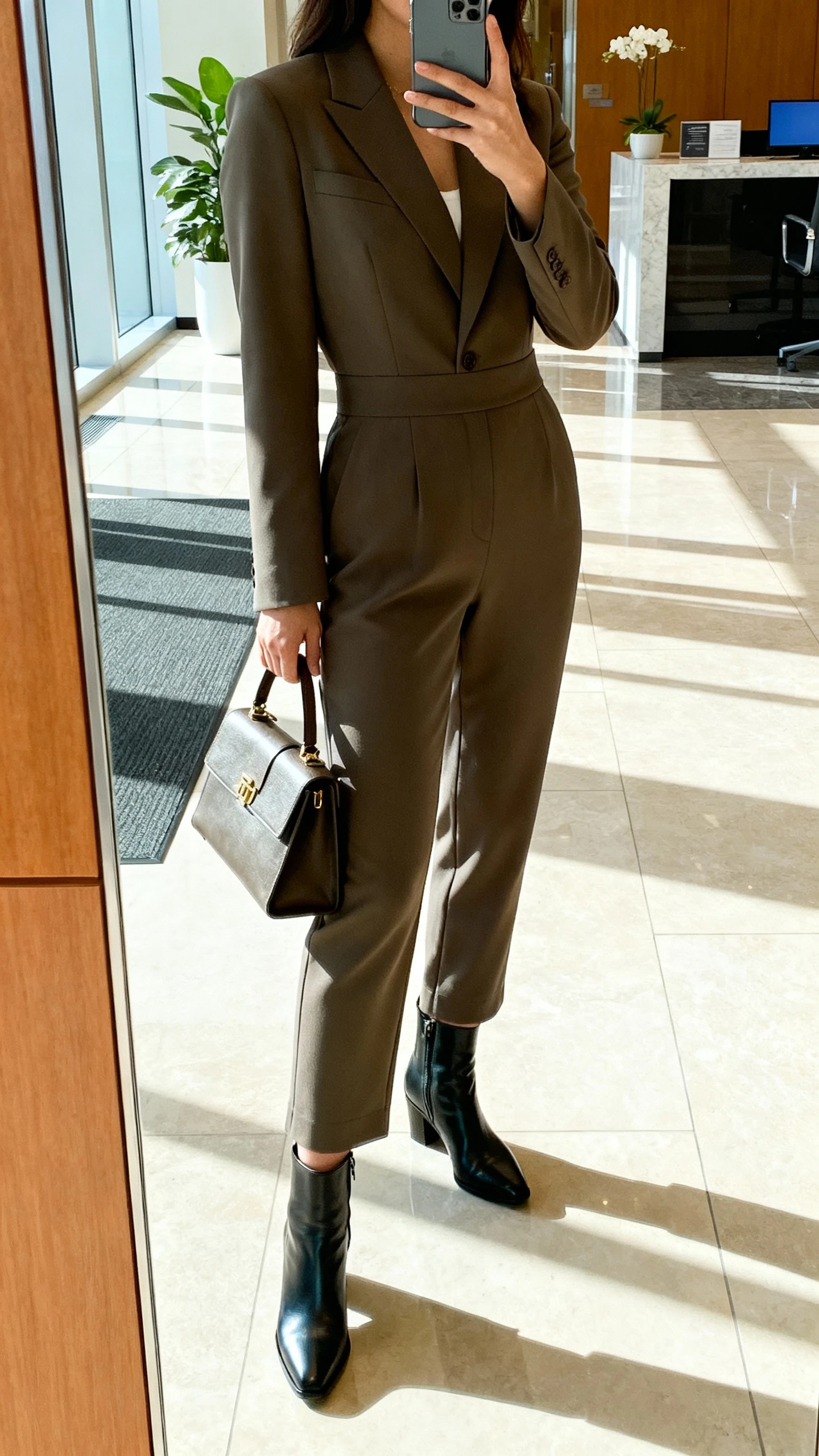 iPhone side-mirror selfie of a woman wearing a chic tailored jumpsuit with a fitted blazer and sleek ankle boots, structured handbag, face not visible, office lobby mirror, bright natural daylight, casual iPhone aesthetic.