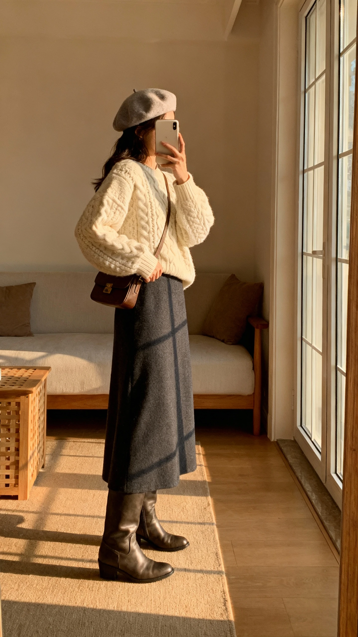 iPhone side-profile selfie of a woman wearing a charcoal maxi skirt with a chunky cream sweater, tall leather boots, soft beret, crossbody bag, face not visible, cozy living room near window, golden hour light, natural iPhone photo quality.