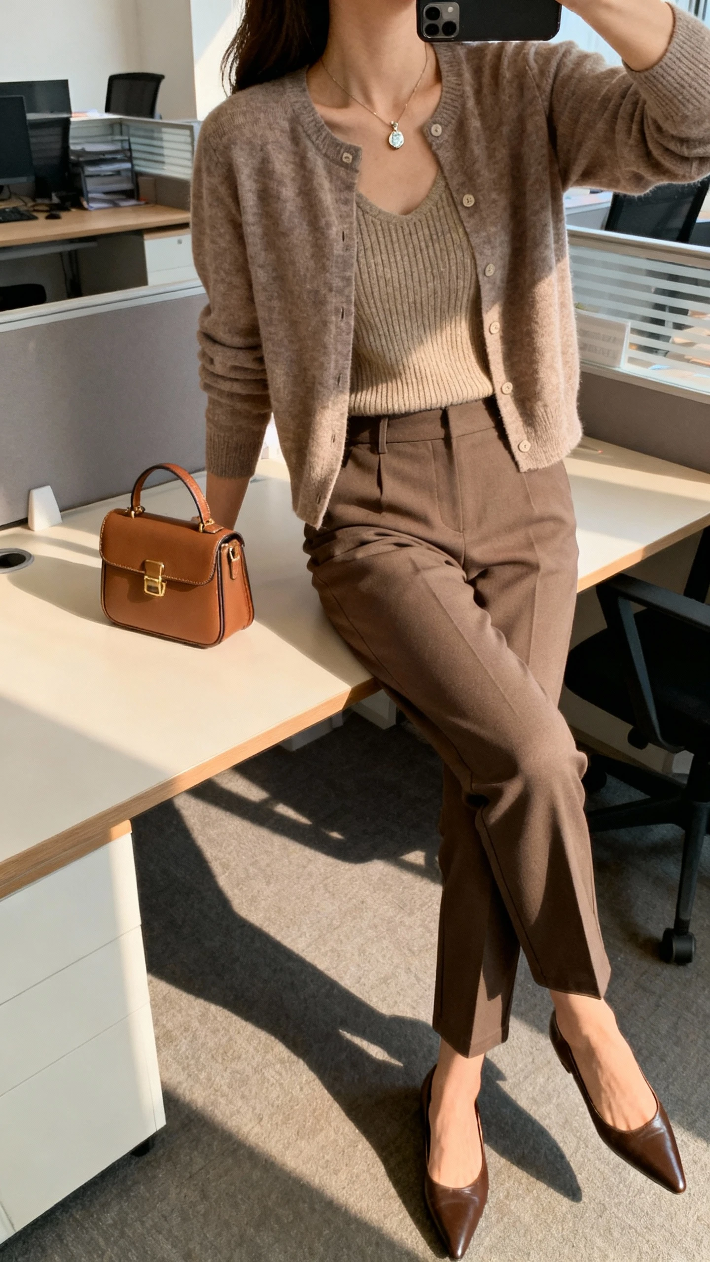 iPhone sitting-at-desk selfie cropped at neck showing a woman in a coordinated cardigan and knit shell with tailored cigarette pants, pointed flats, subtle pendant necklace, structured mini satchel on desk; office setting, morning light, face not visible, casual iPhone aesthetic.