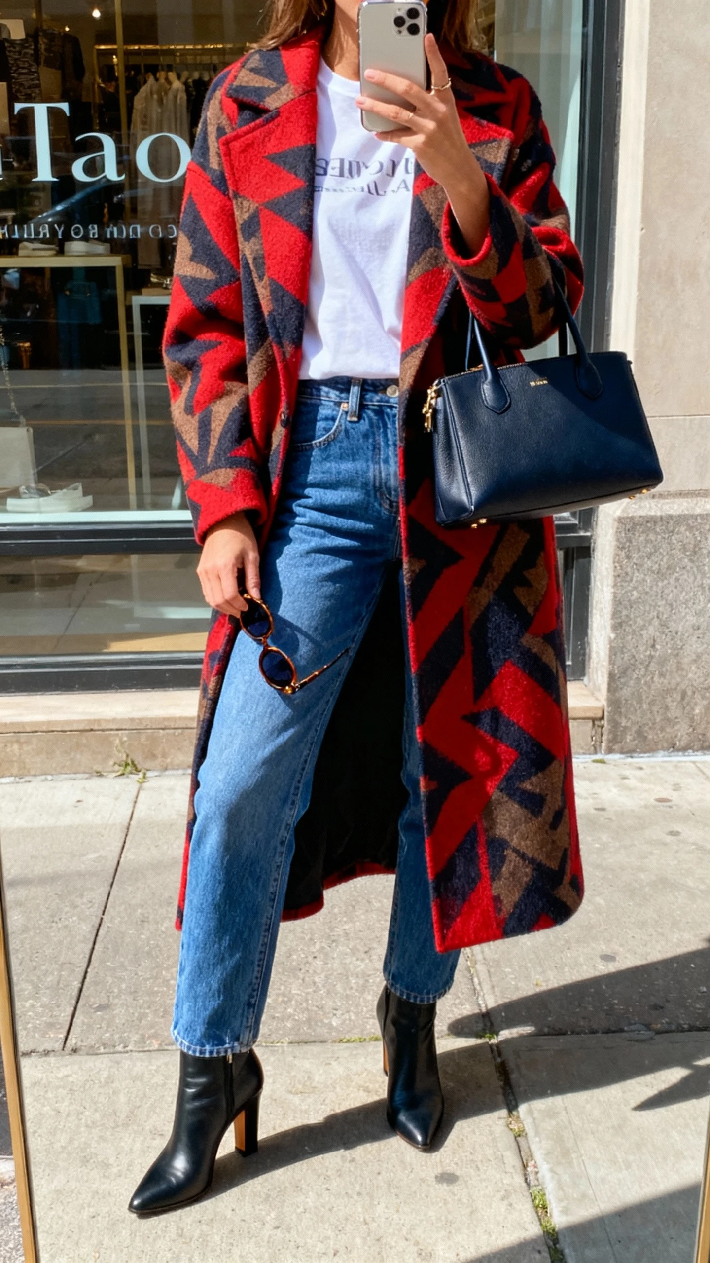 iPhone street mirror selfie of a woman in a bold statement coat over a simple tee with blue jeans, heeled ankle boots, structured handbag, sunglasses in hand, face not visible, sidewalk shop window reflection, bright natural daylight, natural iPhone aesthetic.