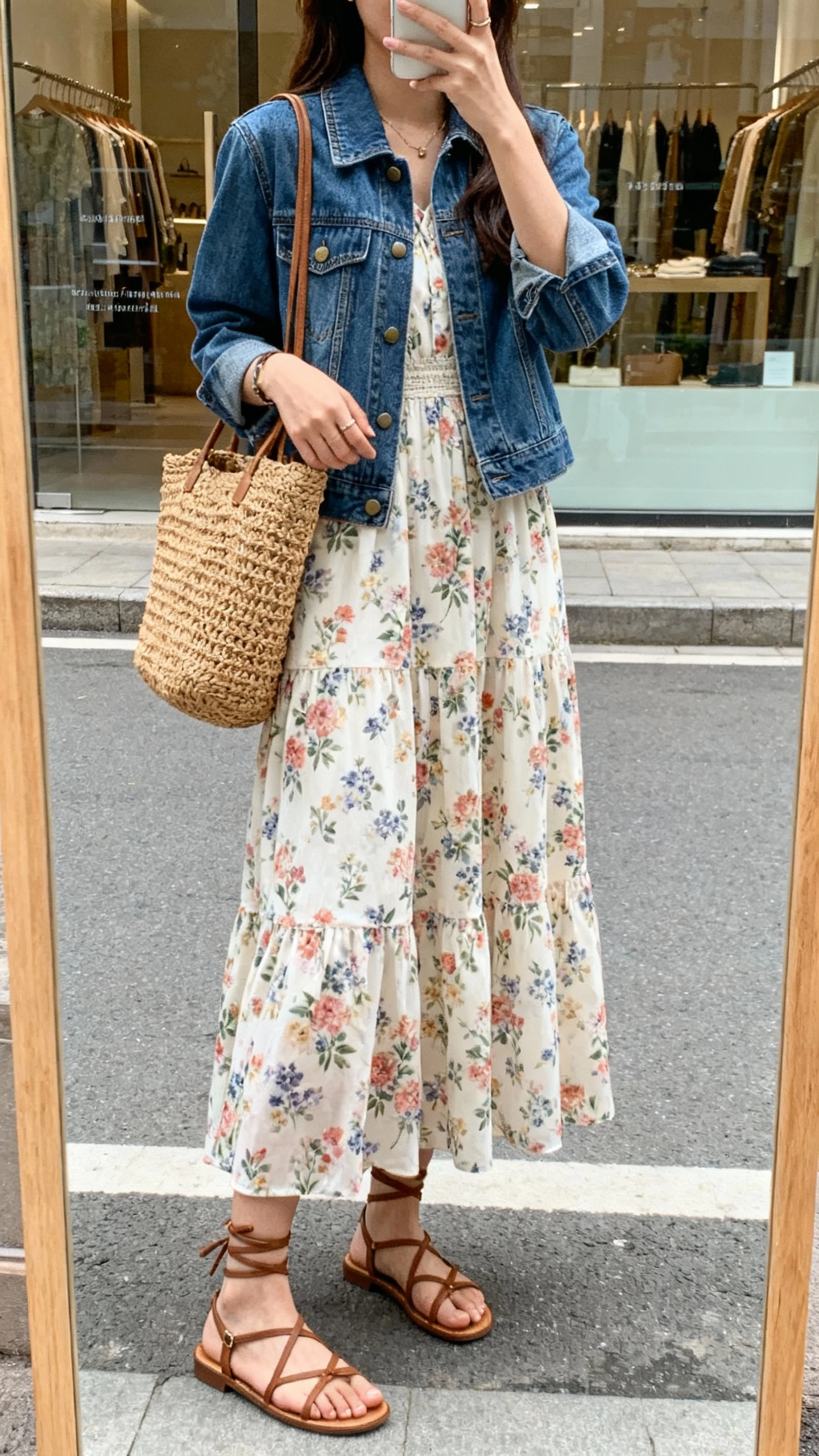 iPhone street-mirror selfie of a woman in a floral maxi dress layered with a denim jacket, strappy sandals, woven tote, face not visible, outdoor boutique window reflection, natural daylight, casual iPhone vibe.