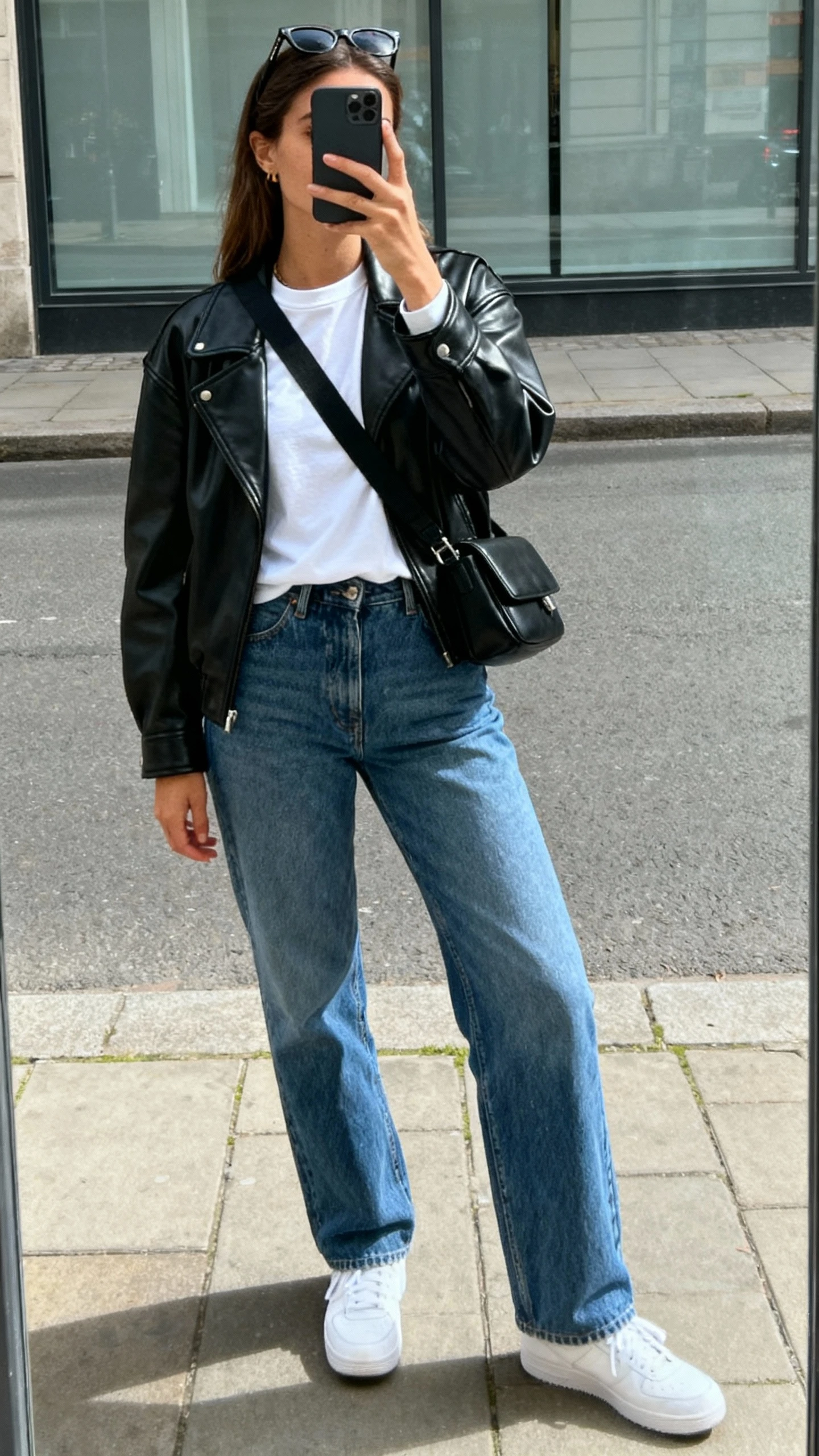 iPhone street mirror selfie of a woman wearing a black leather jacket over a white crewneck tee, straight-leg blue jeans, white sneakers, black crossbody bag, sunglasses pushed on head, face not visible, urban sidewalk window reflection, natural daylight, casual iPhone photo.