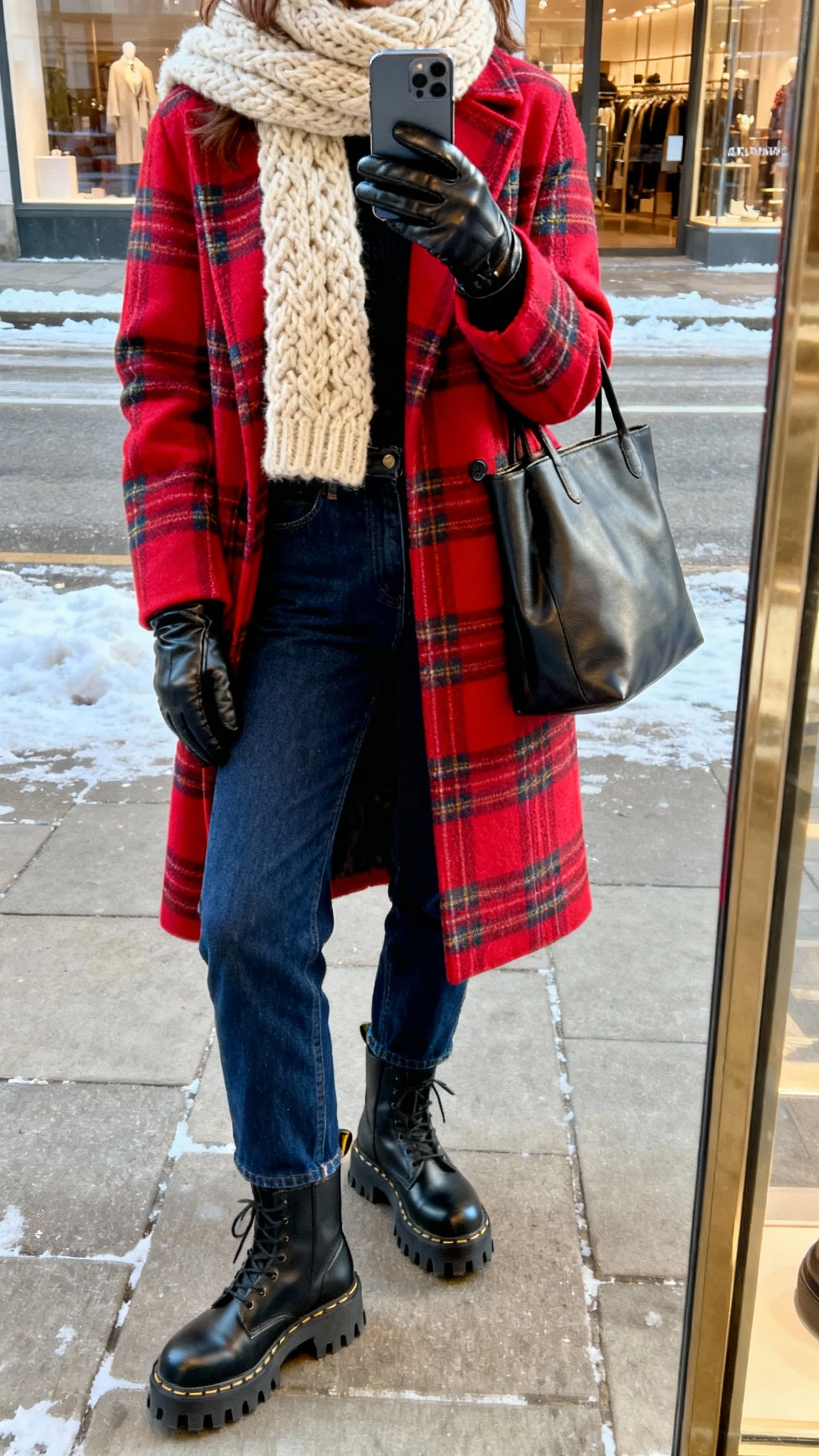 iPhone street-mirror (shop window) selfie of a woman in a bold statement coat (plaid or bright color), chunky knit scarf, dark blue jeans, lug-sole black boots, leather gloves and tote, face not visible, cold winter daylight, casual iPhone photo.